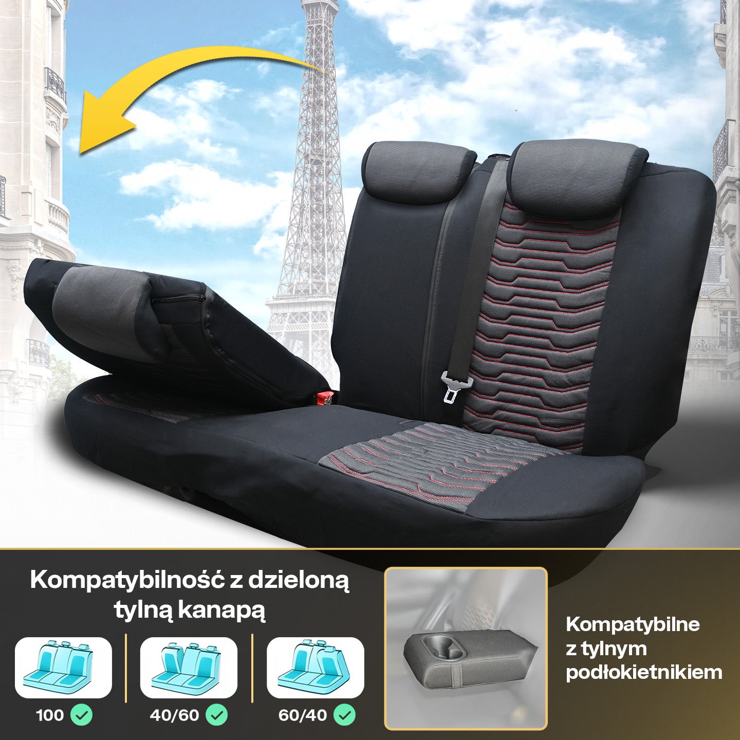 Pokrowce na fotele samochodowe PARIS - Czarno czerwone (KOMPLET)