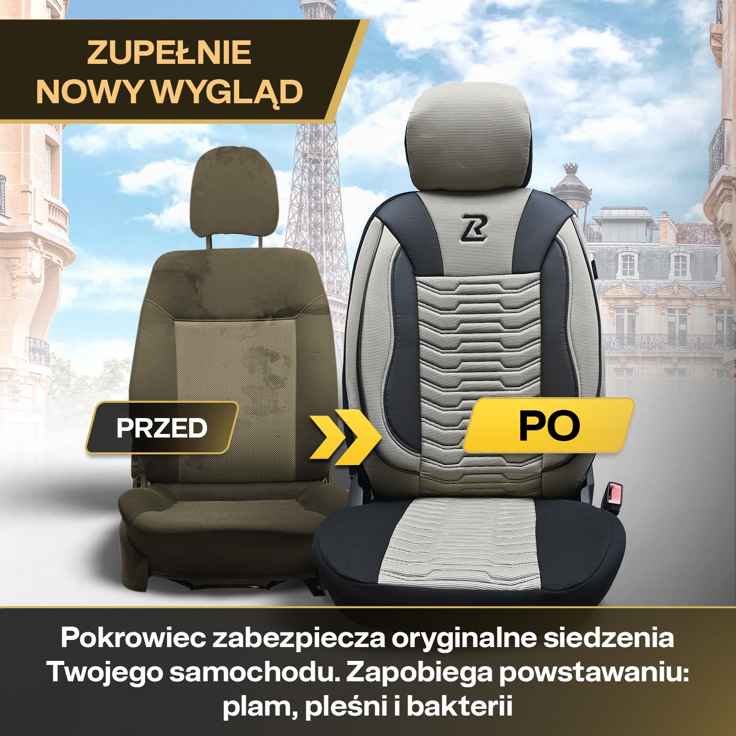 Pokrowce na fotele samochodowe PARIS - Beżowo czarne (KOMPLET)