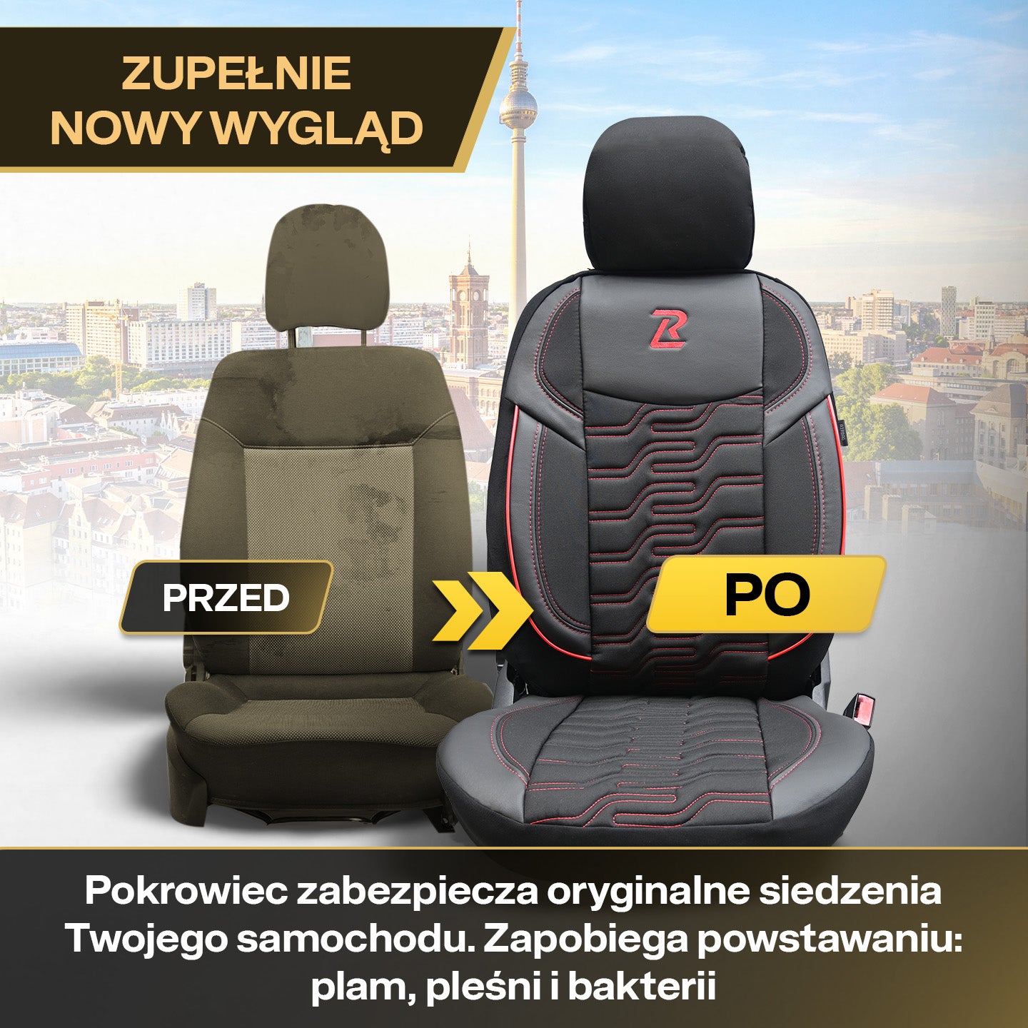 Pokrowce na fotele samochodowe BERLIN - Czarno czerwone (PRZÓD)