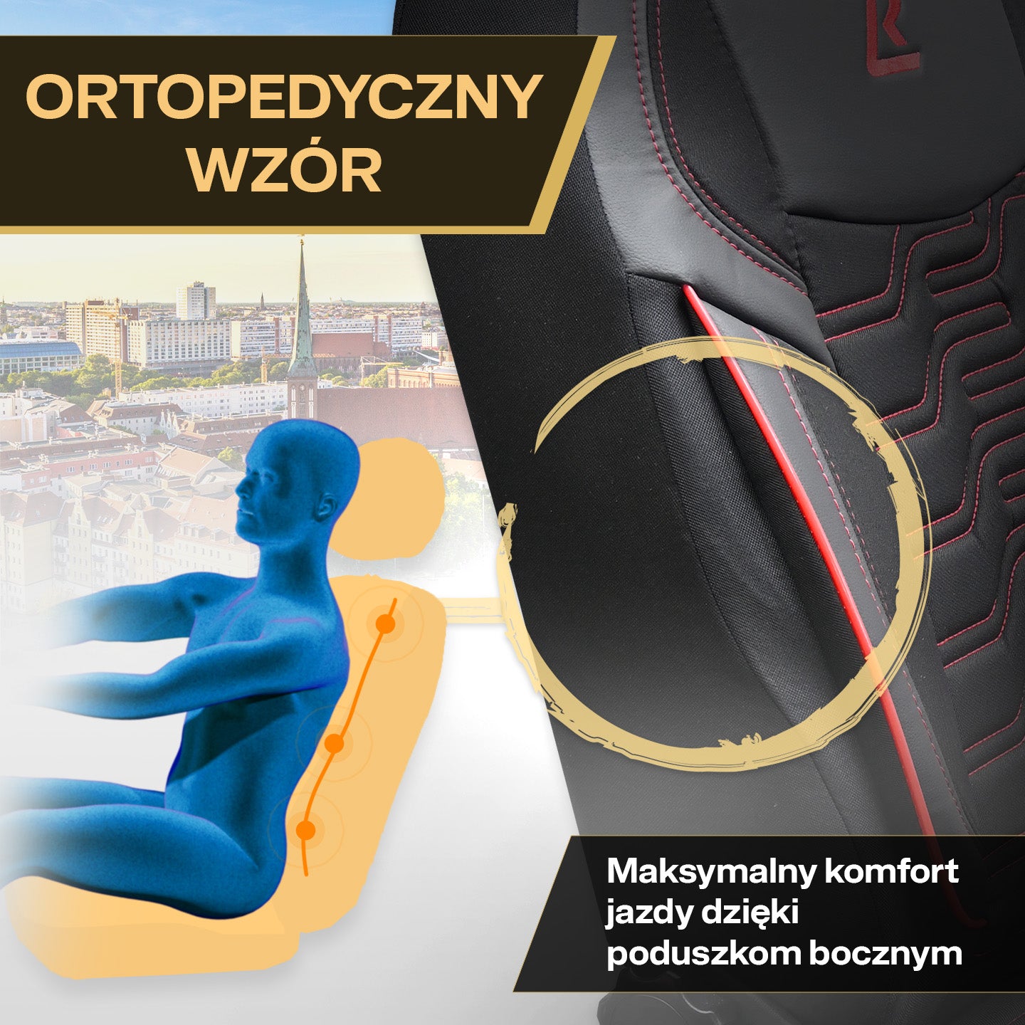 Pokrowce na fotele samochodowe BERLIN - Czarno czerwone (PRZÓD)