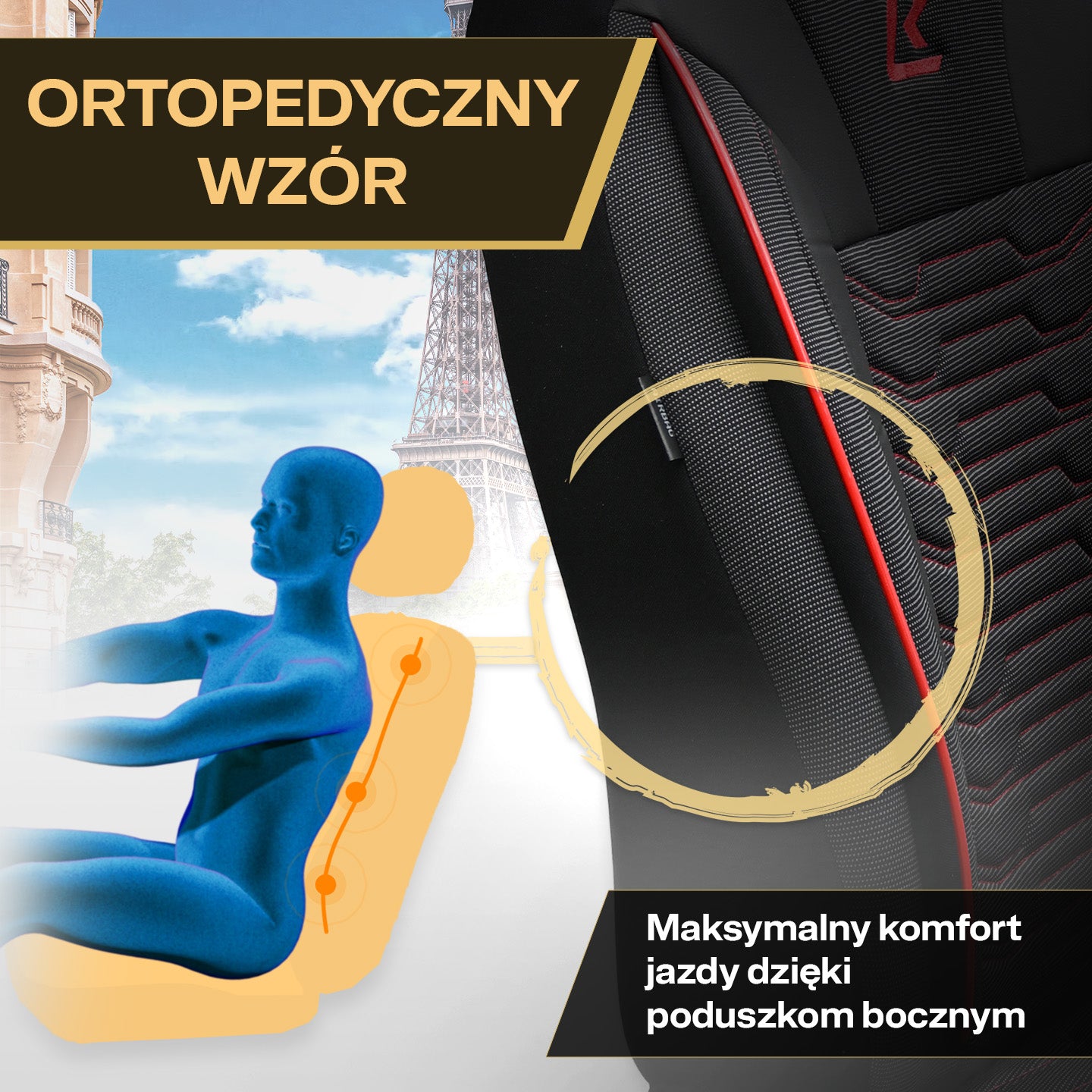 Pokrowce na fotele samochodowe PARIS - Czarno czerwone (KOMPLET)