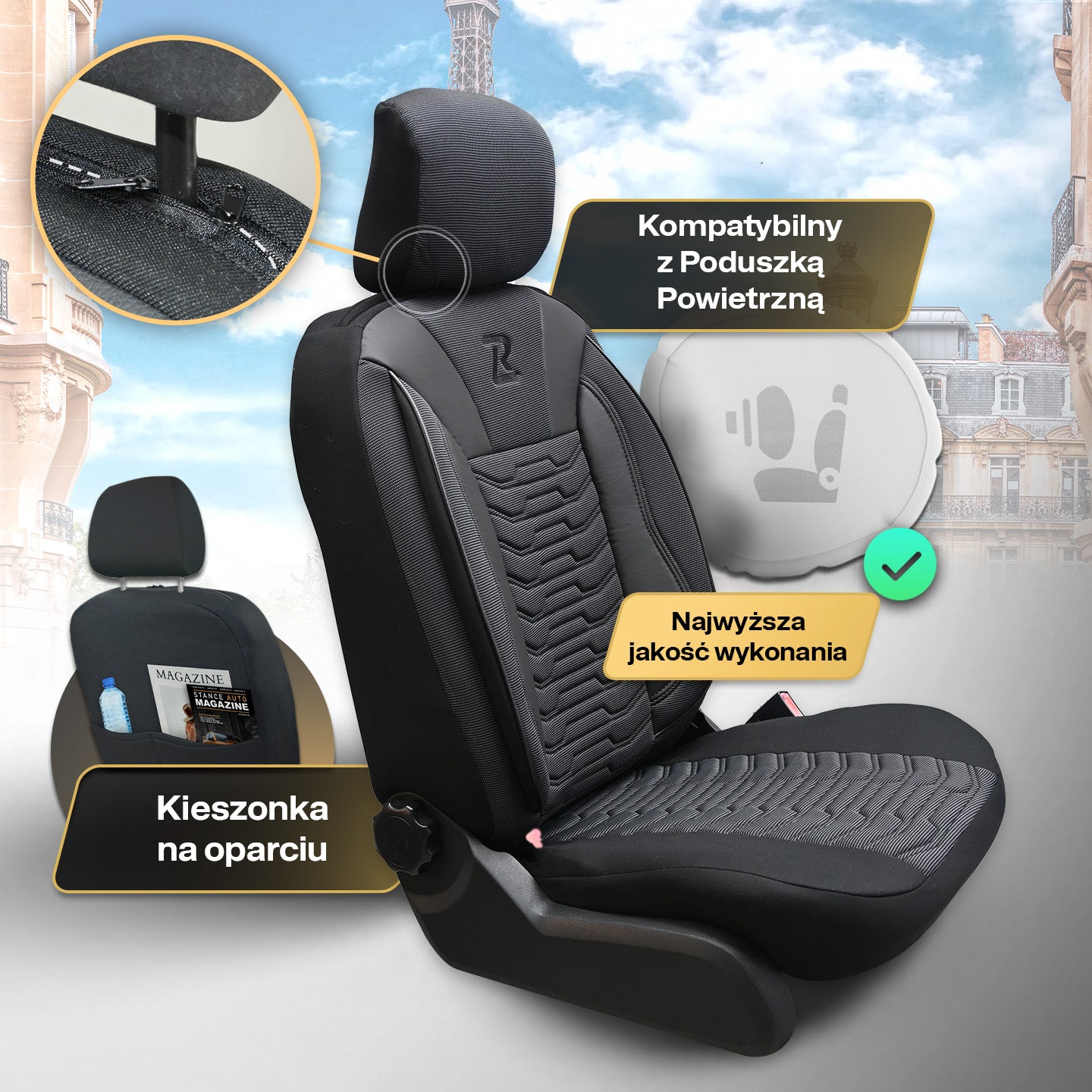 Pokrowce na fotele samochodowe PARIS - Szaro czarne (KOMPLET)