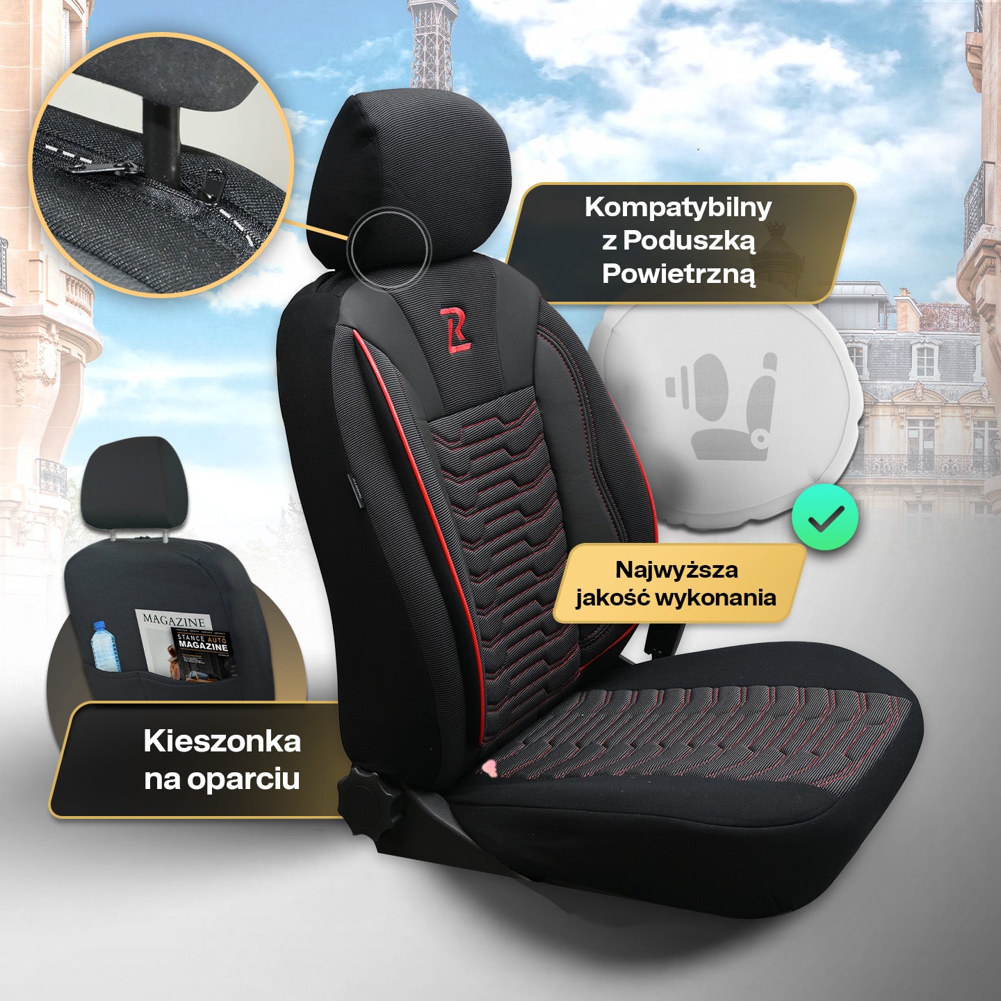 Pokrowce na fotele samochodowe PARIS - Czarno czerwone (KOMPLET)