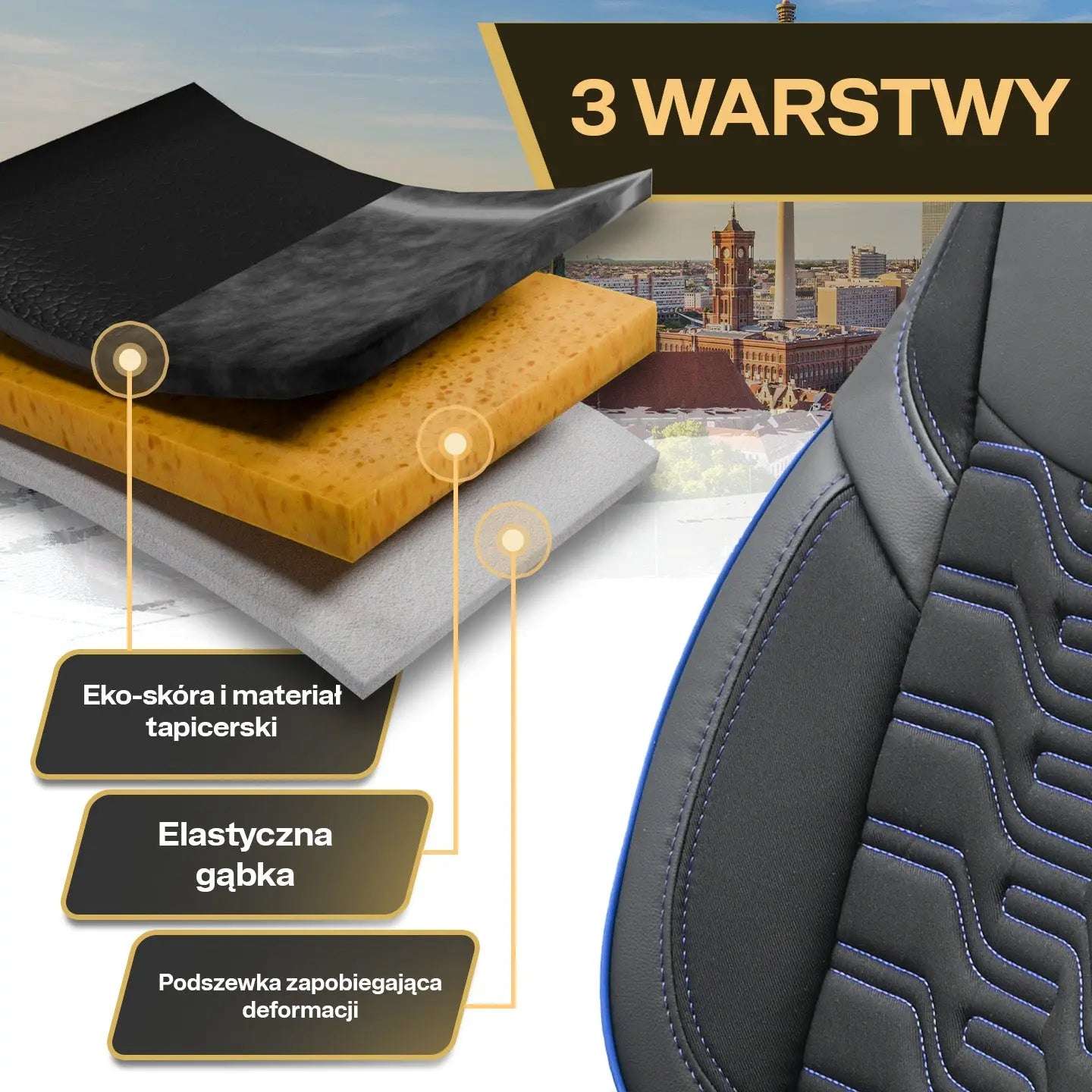 Pokrowce na fotele samochodowe BERLIN – Czarno niebieskie (KOMPLET)