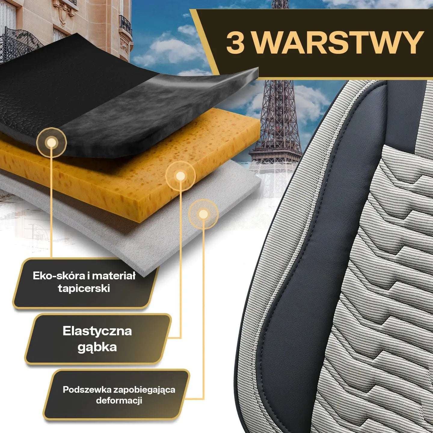 Pokrowce na fotele samochodowe PARIS - Beżowo czarne (KOMPLET)