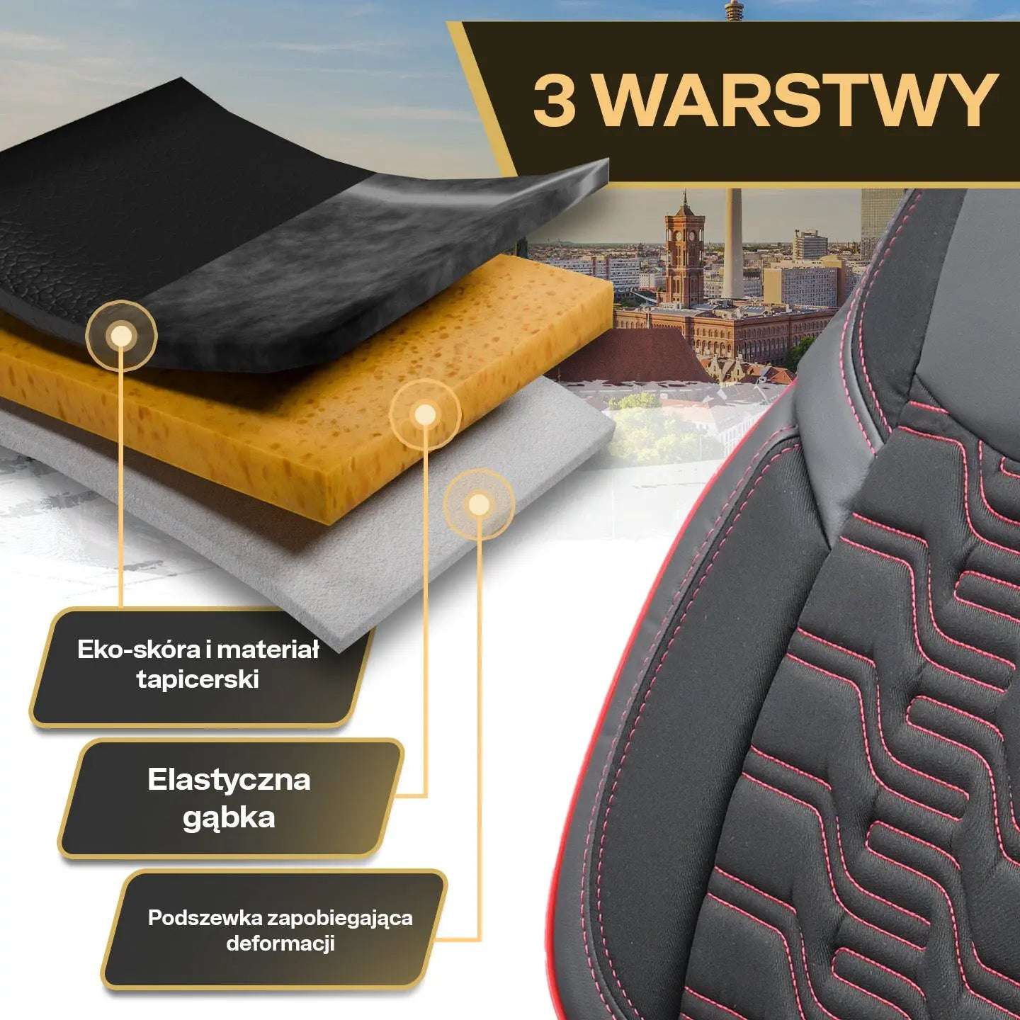 Pokrowce na fotele samochodowe BERLIN - Czarno czerwone (KOMPLET)