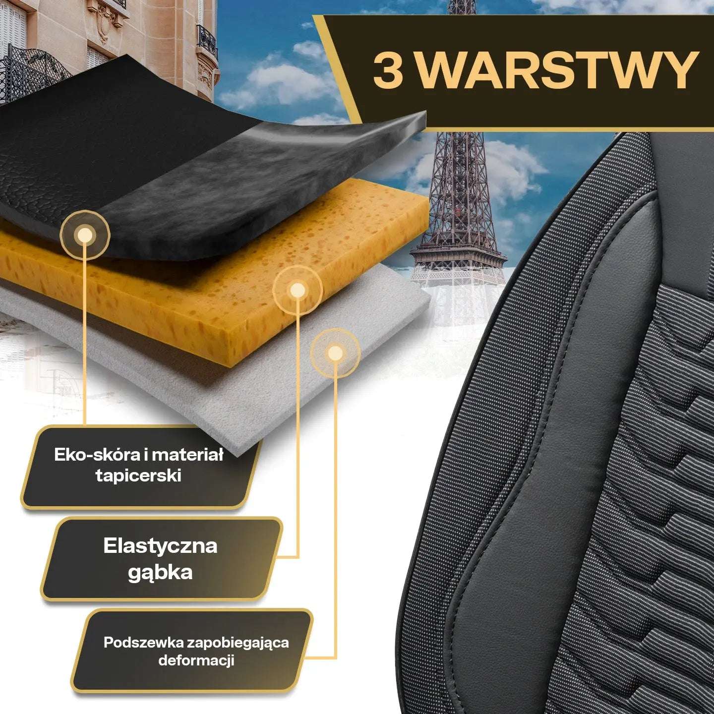 Pokrowce na fotele samochodowe PARIS - Szaro czarne (KOMPLET)