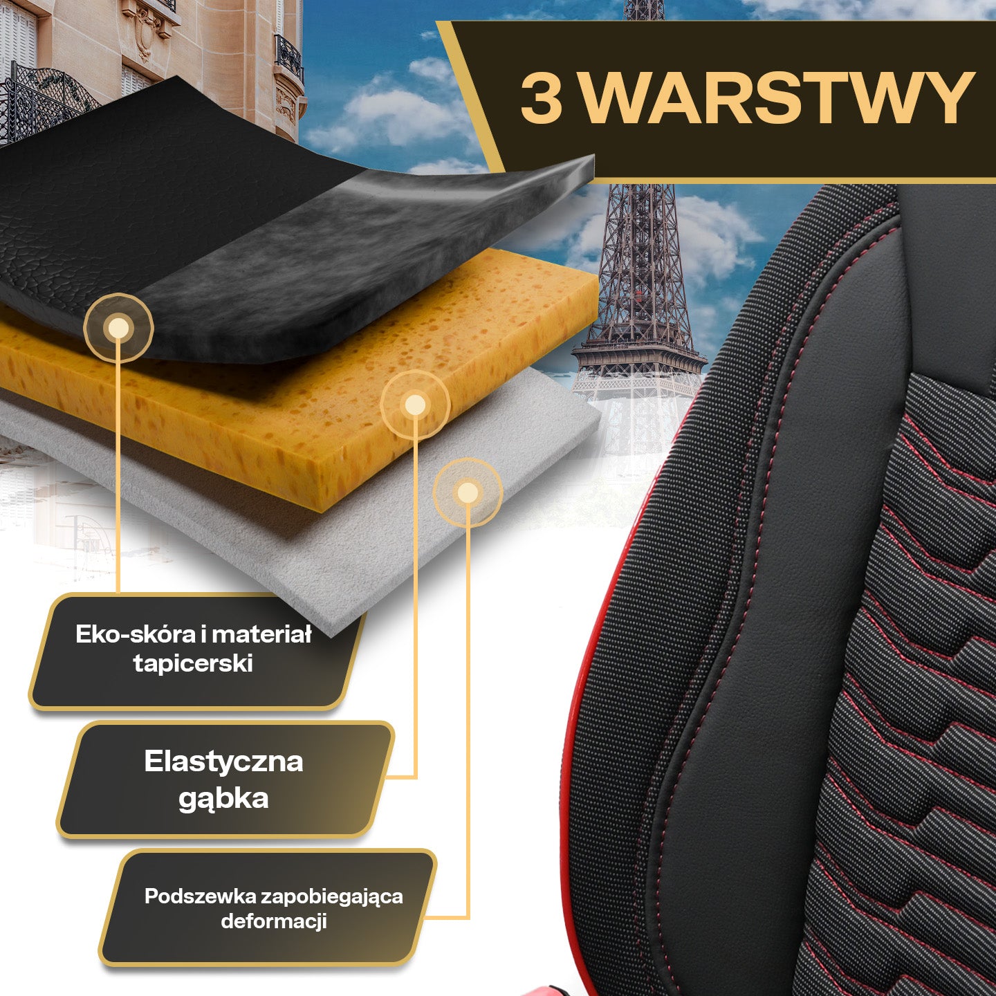 Pokrowce na fotele samochodowe PARIS - Czarno czerwone (KOMPLET)