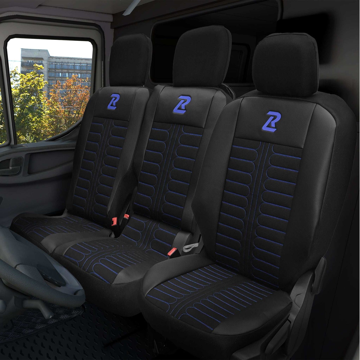 Pokrowce na fotele samochodowe TORNADO Citroen Berlingo 3, Fiat Doblo 3, Peugeot Partner 3, Opel Combo E, Toyota Proace City 1+2 Czarno - Niebieski
