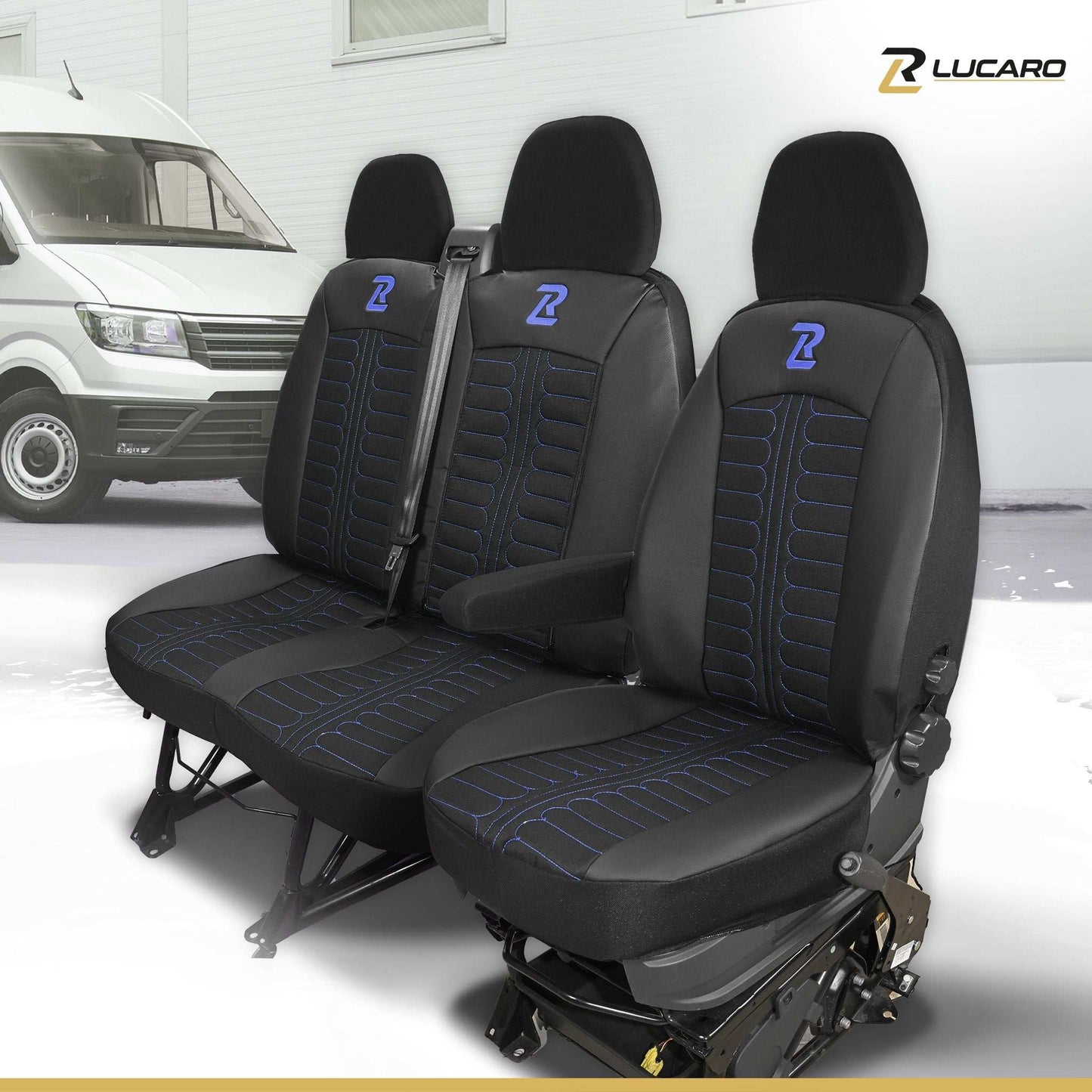 Pokrowce na fotele TORNADO Fiat Ducato, Peugeot Boxer, Citroen Jumper, Opel Movano C, RAM Promaster CZARNO - NIEBIESKI