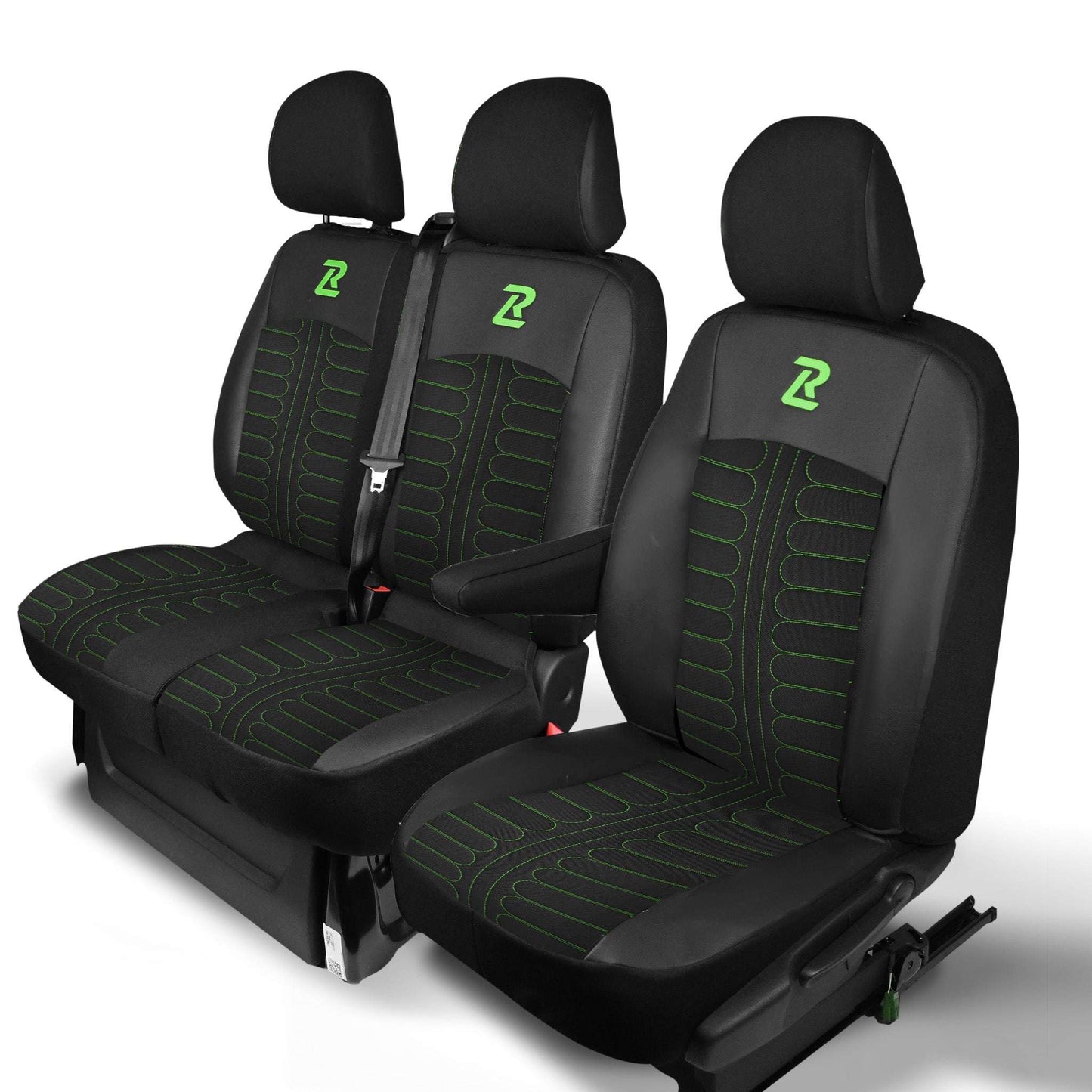 Pokrowce na fotele TORNADO Renault Trafic 3, Opel Vivaro B, Fiat Talento, Nissan NV300 1+2 (Kanapa z 2 zagłówkami siedzisko dzielone) - Czarno zielone