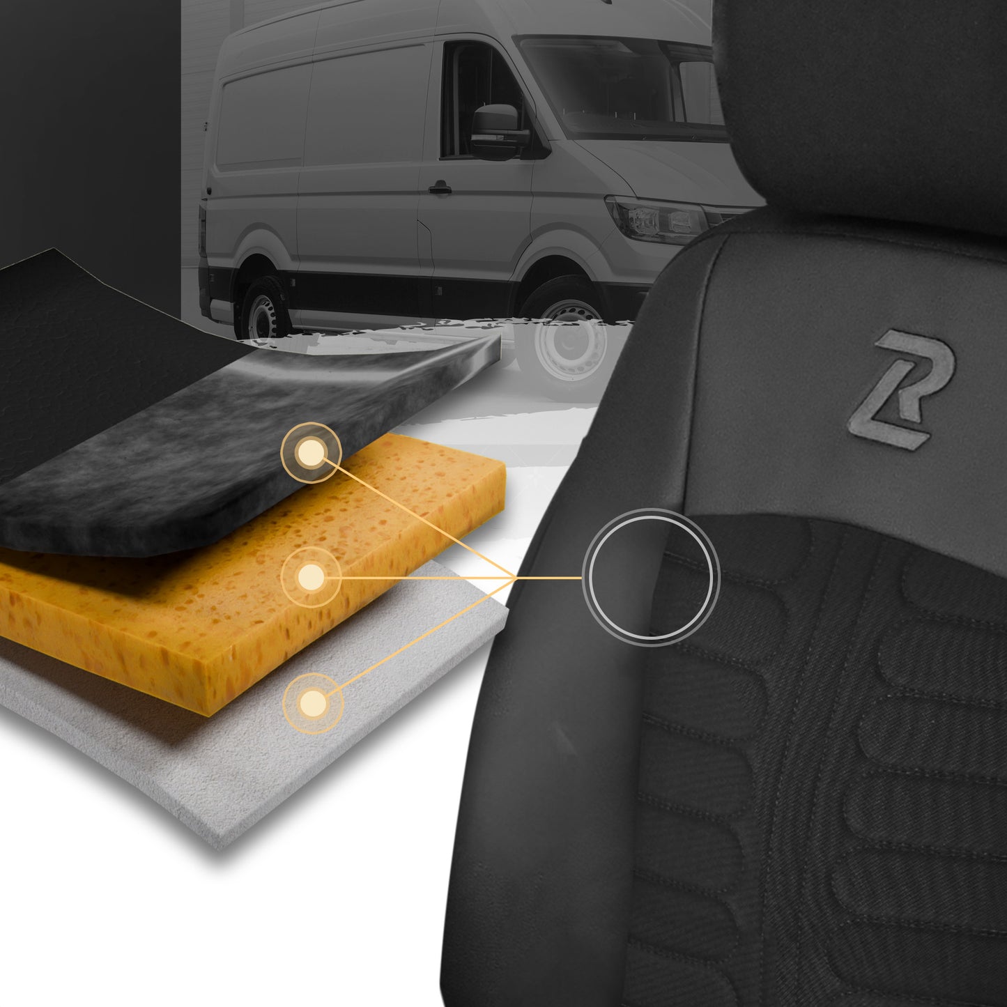 Pokrowce na fotele TORNADO Renault Trafic 3, Opel Vivaro B, Fiat Talento, Nissan NV300 1+2 (Kanapa z fotelem lotniczym, siedzisko dzielone) - Czarno czarne