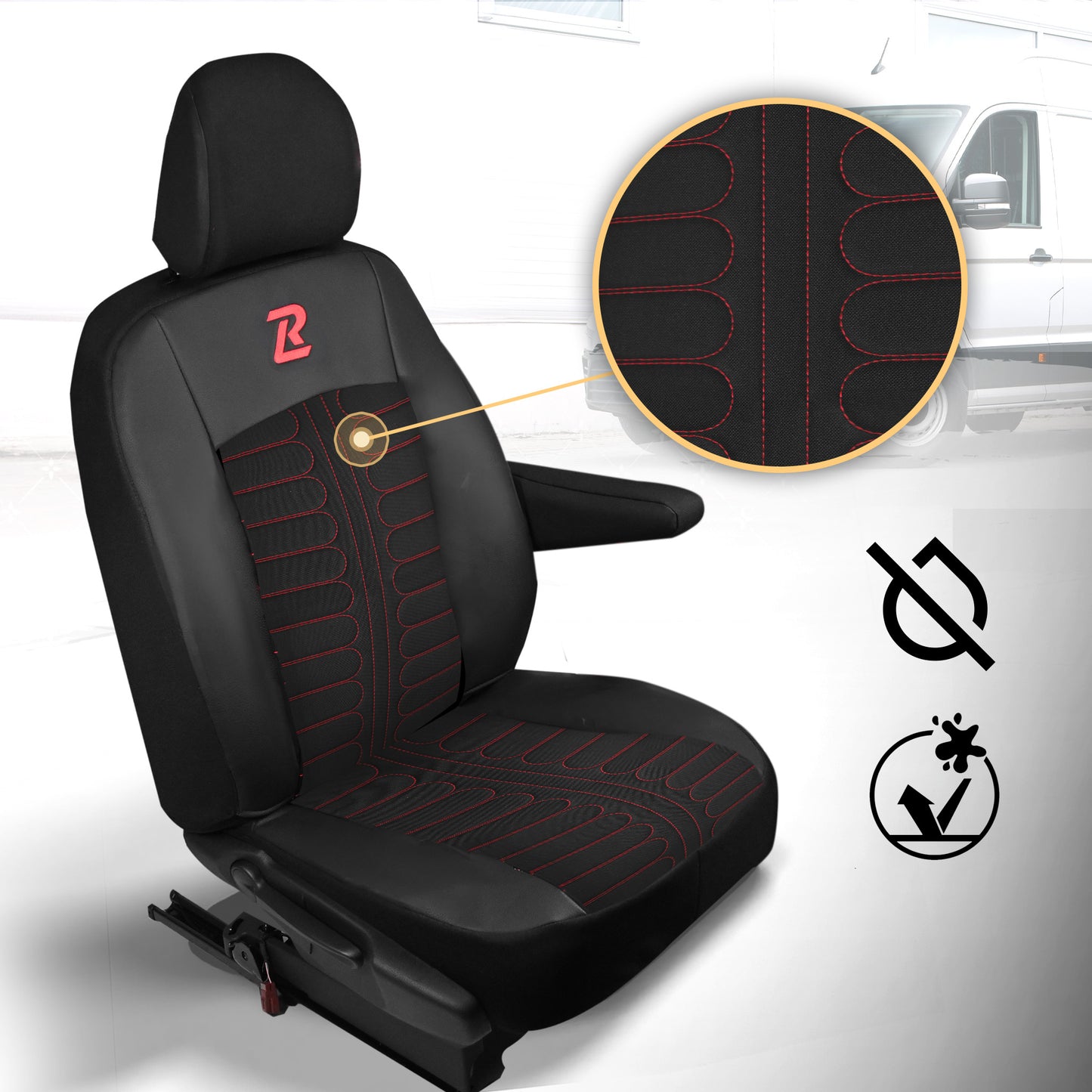 Pokrowce na fotele TORNADO Renault Trafic 3, Opel Vivaro B, Fiat Talento, Nissan NV300 1+2 (Kanapa z fotelem lotniczym, siedzisko dzielone) - Czarno czerwone