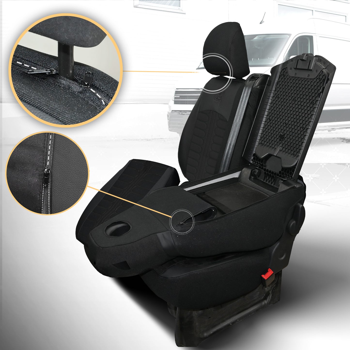 Pokrowce na fotele TORNADO Renault Trafic 3, Opel Vivaro B, Fiat Talento, Nissan NV300 1+2 (Kanapa z fotelem lotniczym, siedzisko dzielone) - Czarno czarne