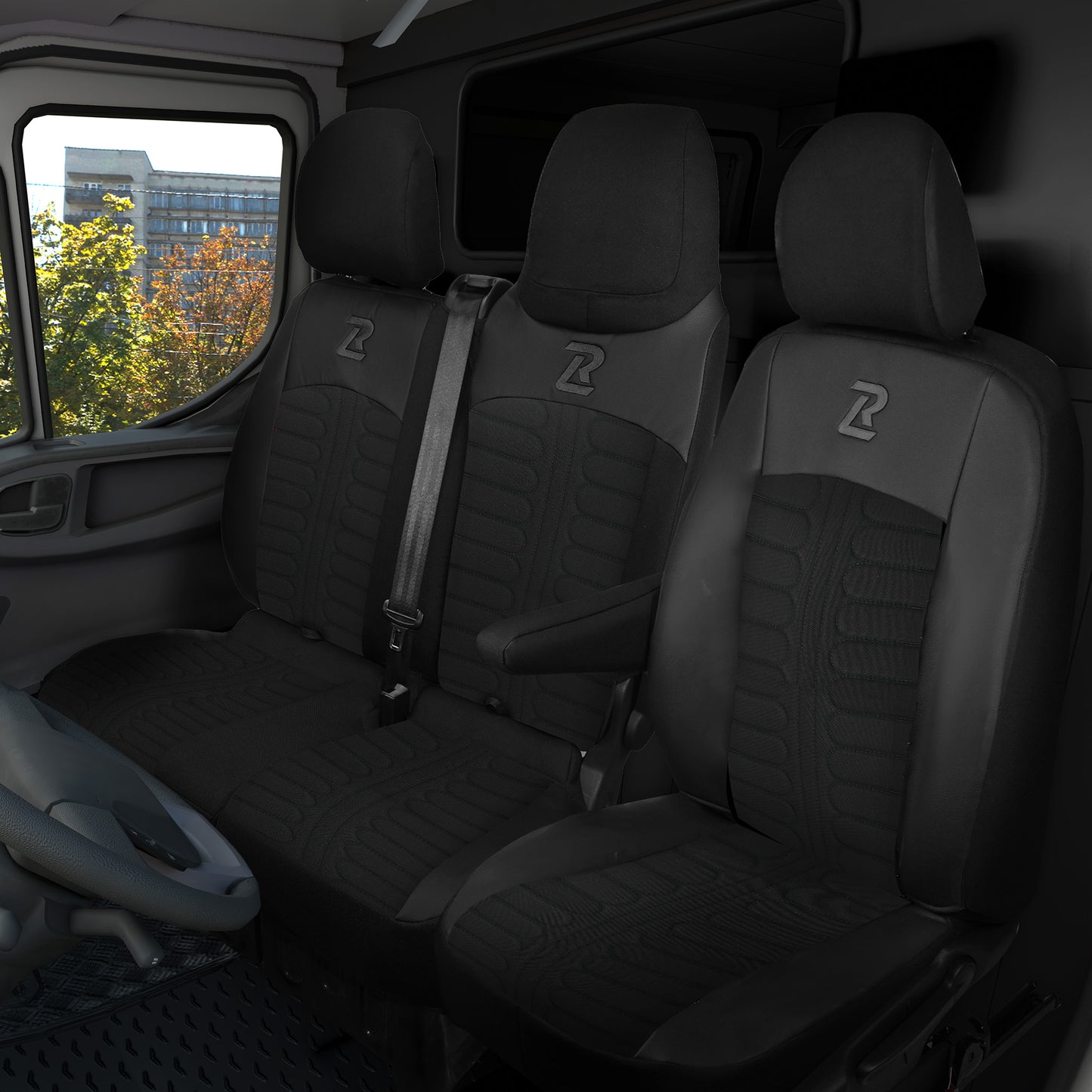 Pokrowce na fotele TORNADO Renault Trafic 3, Opel Vivaro B, Fiat Talento, Nissan NV300 1+2 (Kanapa z fotelem lotniczym, siedzisko dzielone) - Czarno czarne