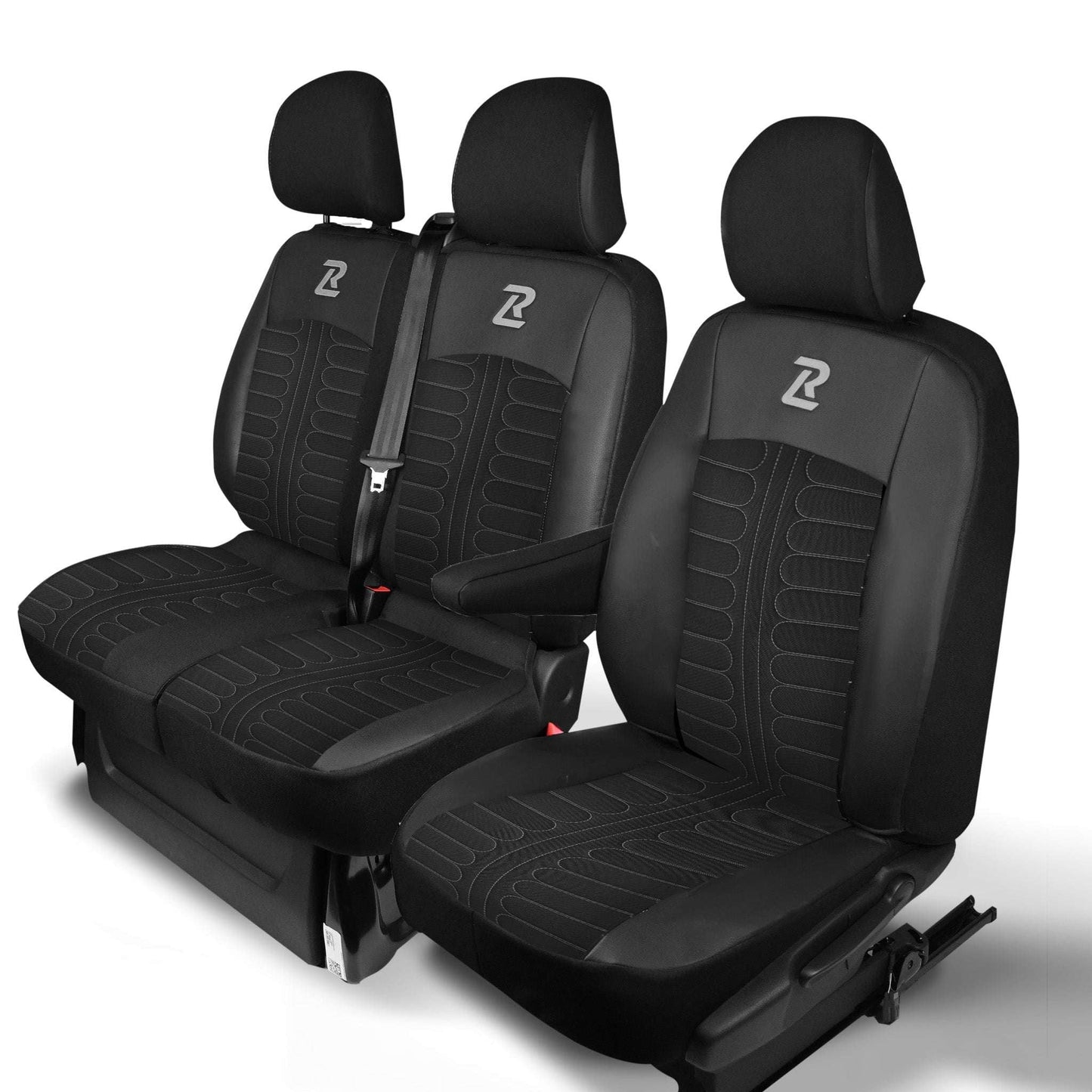 Pokrowce na fotele TORNADO Renault Trafic 3, Opel Vivaro B, Fiat Talento, Nissan NV300 1+2 (Kanapa z 2 zagłówkami siedzisko dzielone) - Czarno szare