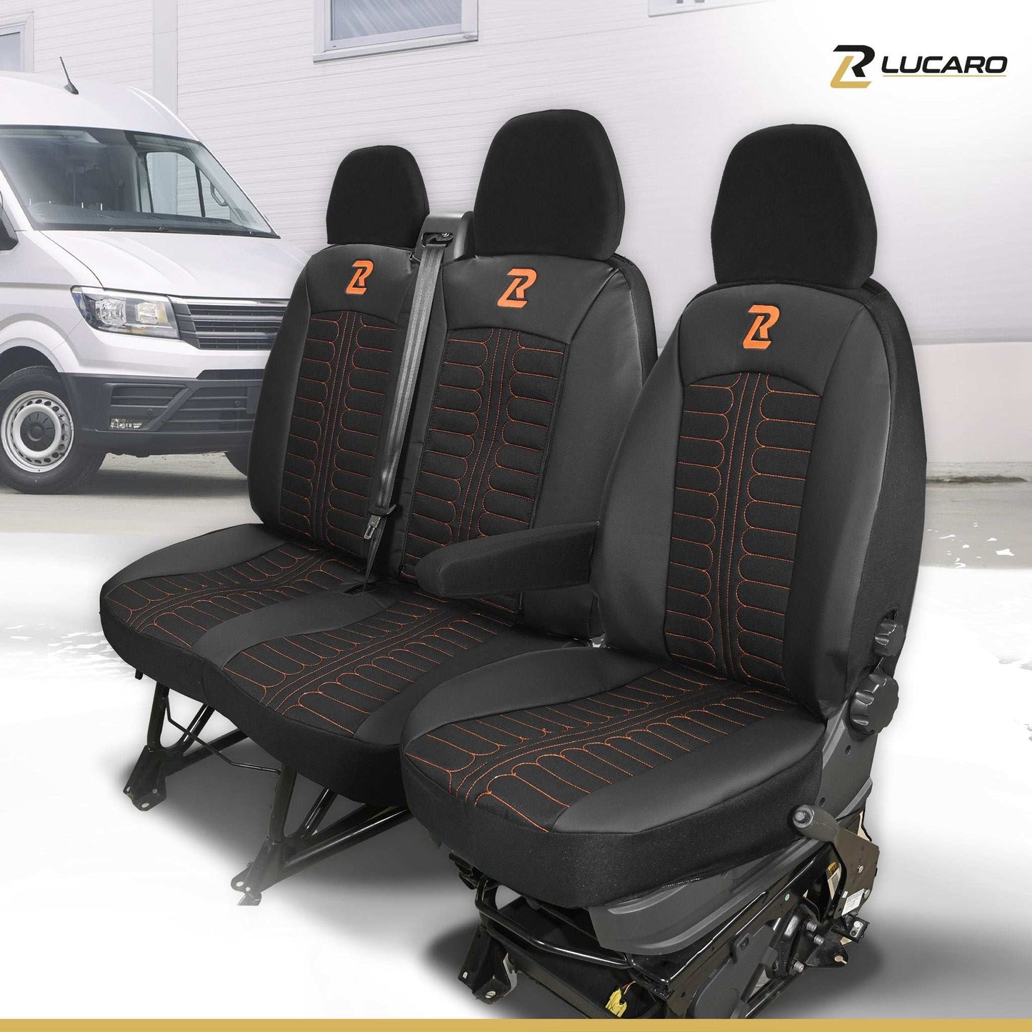Pokrowce na fotele TORNADO Fiat Ducato, Peugeot Boxer, Citroen Jumper, Opel Movano C, RAM Promaster CZARNO - POMARAŃCZOWY
