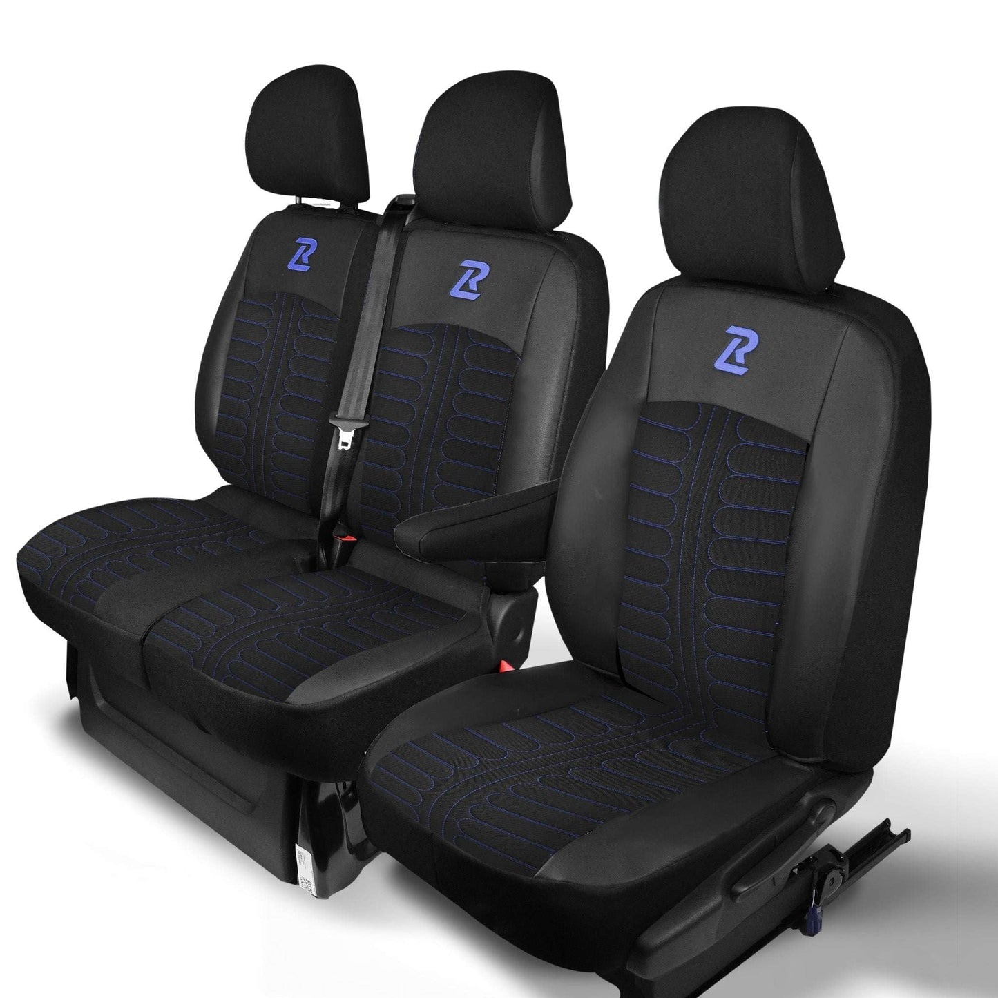 Pokrowce na fotele TORNADO Renault Trafic 3, Opel Vivaro B, Fiat Talento, Nissan NV300 1+2 (Kanapa z 2 zagłówkami siedzisko dzielone) - Czarno niebieskie