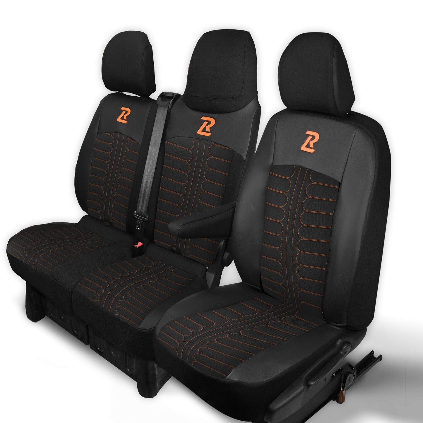 Pokrowce na fotele TORNADO Renault Trafic 3, Opel Vivaro B, Fiat Talento, Nissan NV300 1+2 (Kanapa z fotelem lotniczym, siedzisko dzielone) - Czarno pomarańczowe