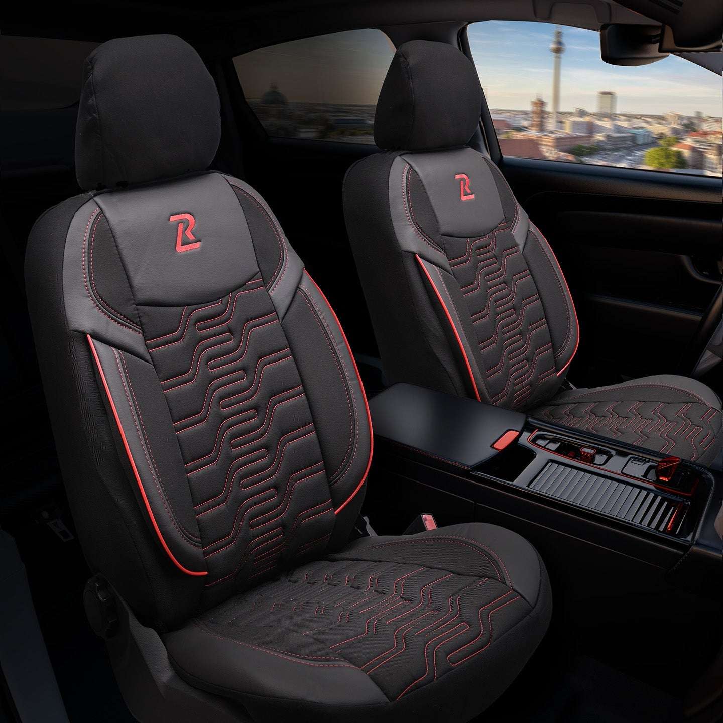Pokrowce na fotele samochodowe BERLIN - Czarno czerwone (PRZÓD) 