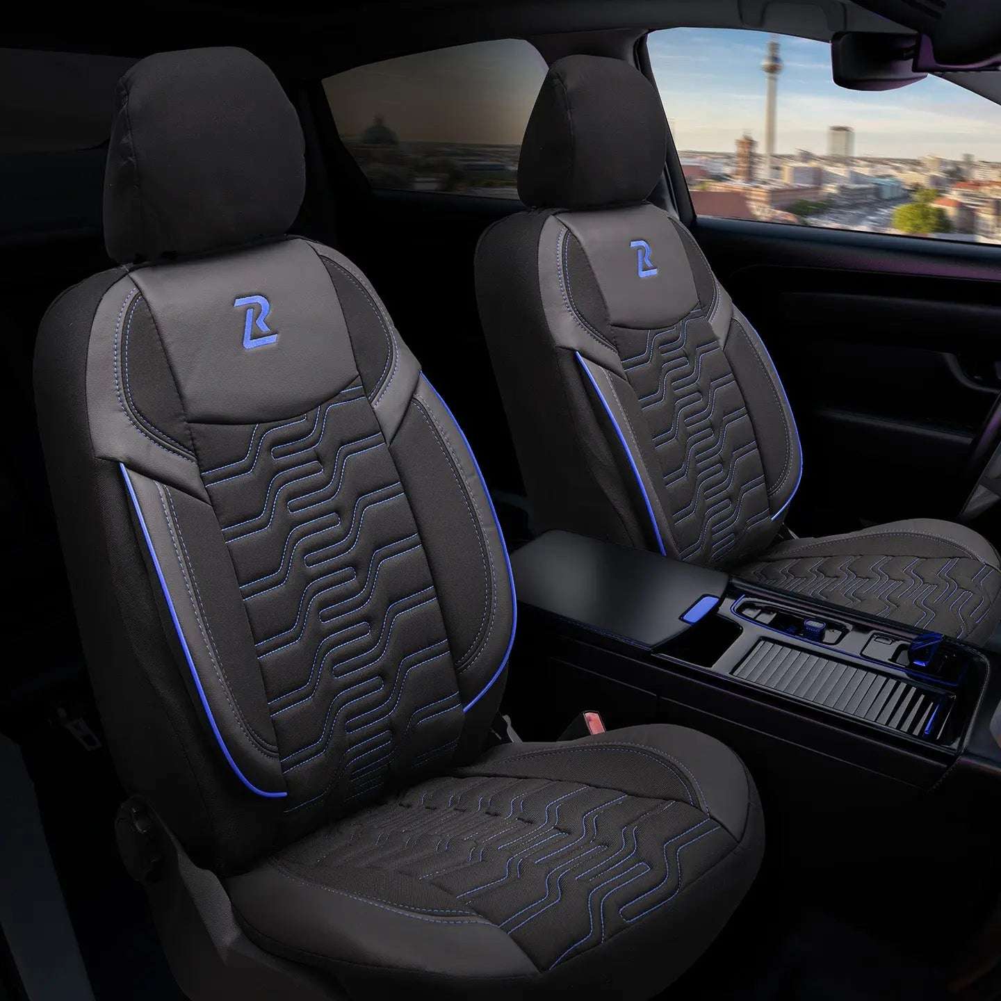 Pokrowce na fotele samochodowe BERLIN – Czarno niebieskie (KOMPLET) 