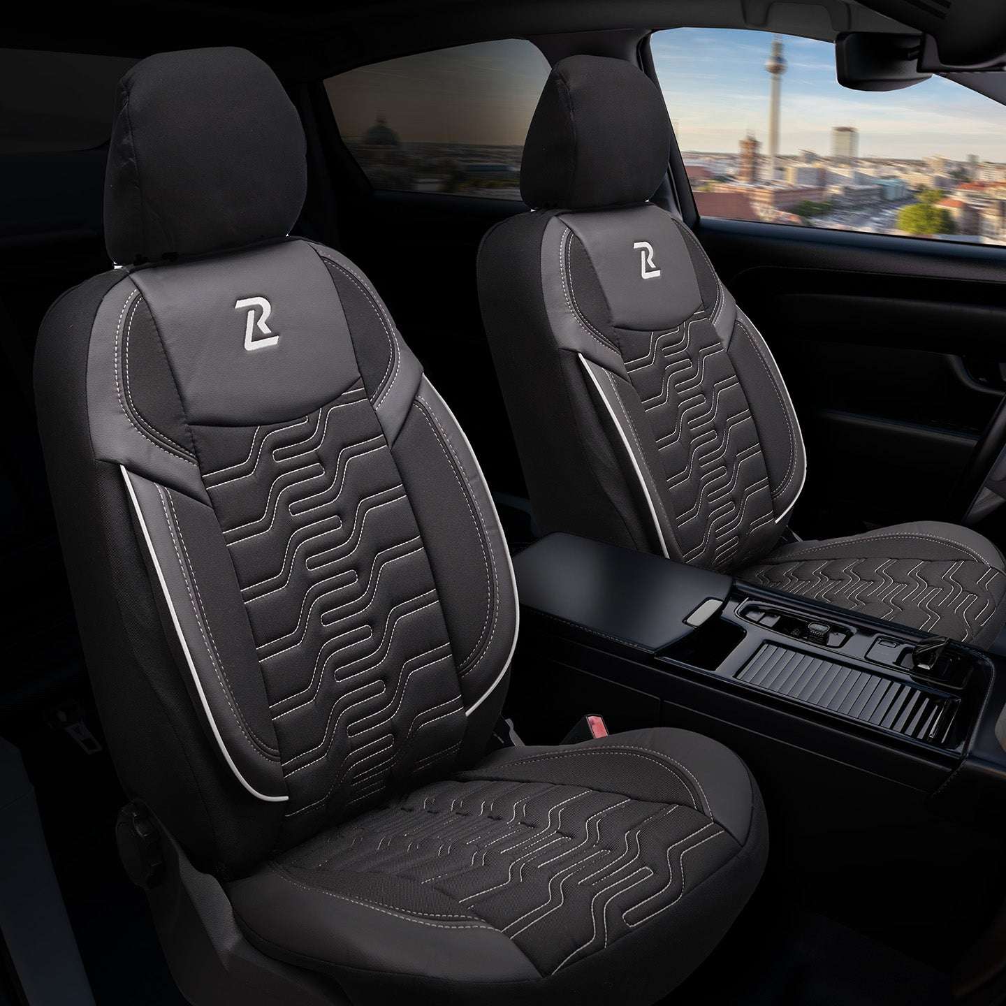 Pokrowce na fotele samochodowe BERLIN - Czarno szare (PRZÓD) 