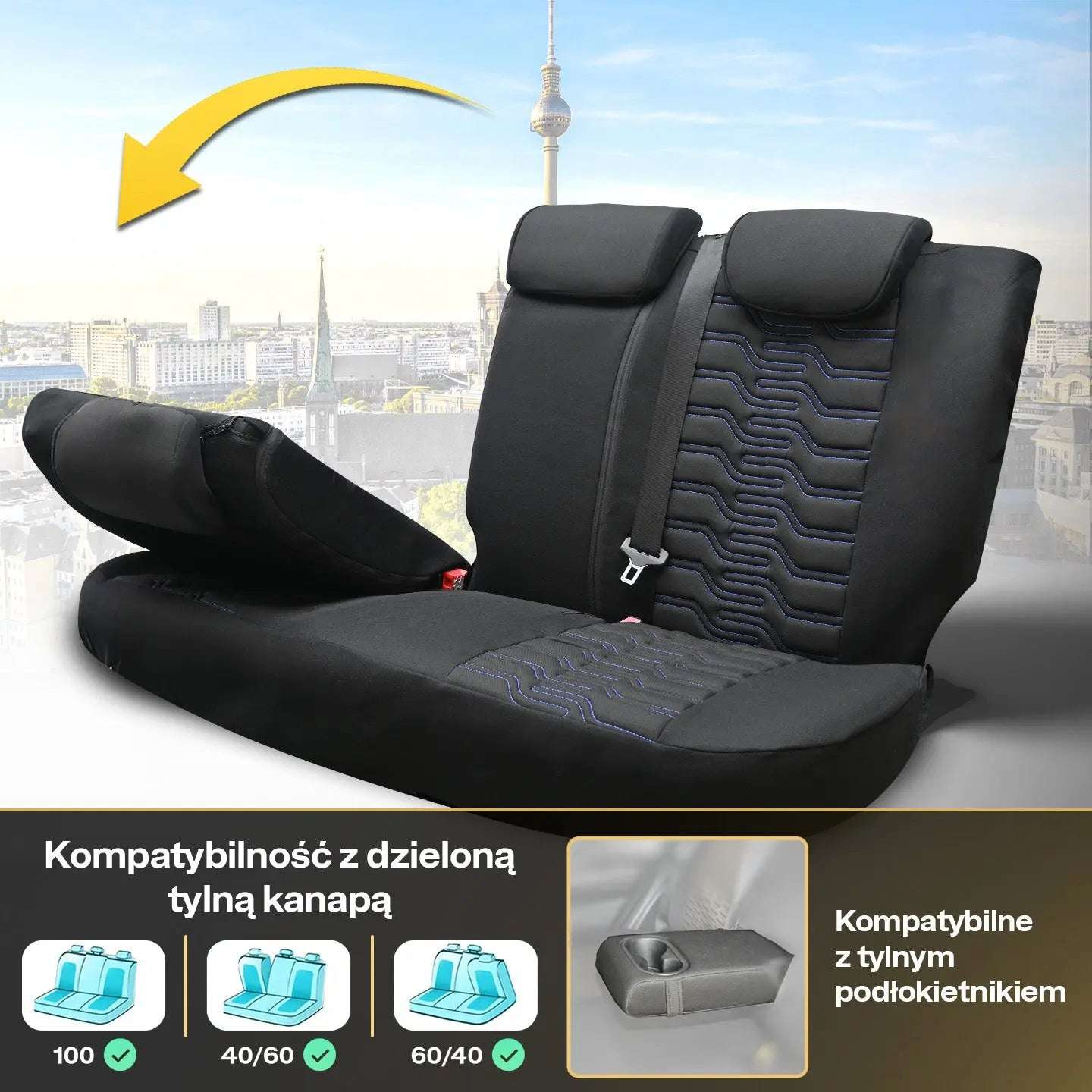 Pokrowce na fotele samochodowe BERLIN – Czarno niebieskie (KOMPLET) 