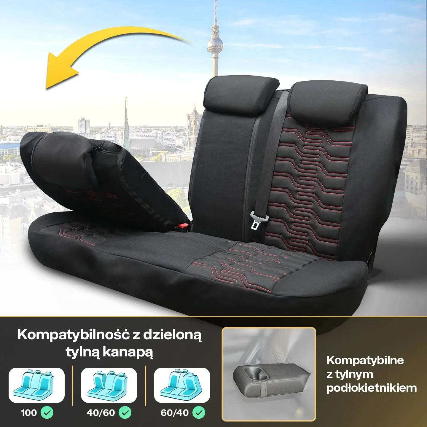 Pokrowce na fotele samochodowe BERLIN - Czarno czerwone (KOMPLET) 