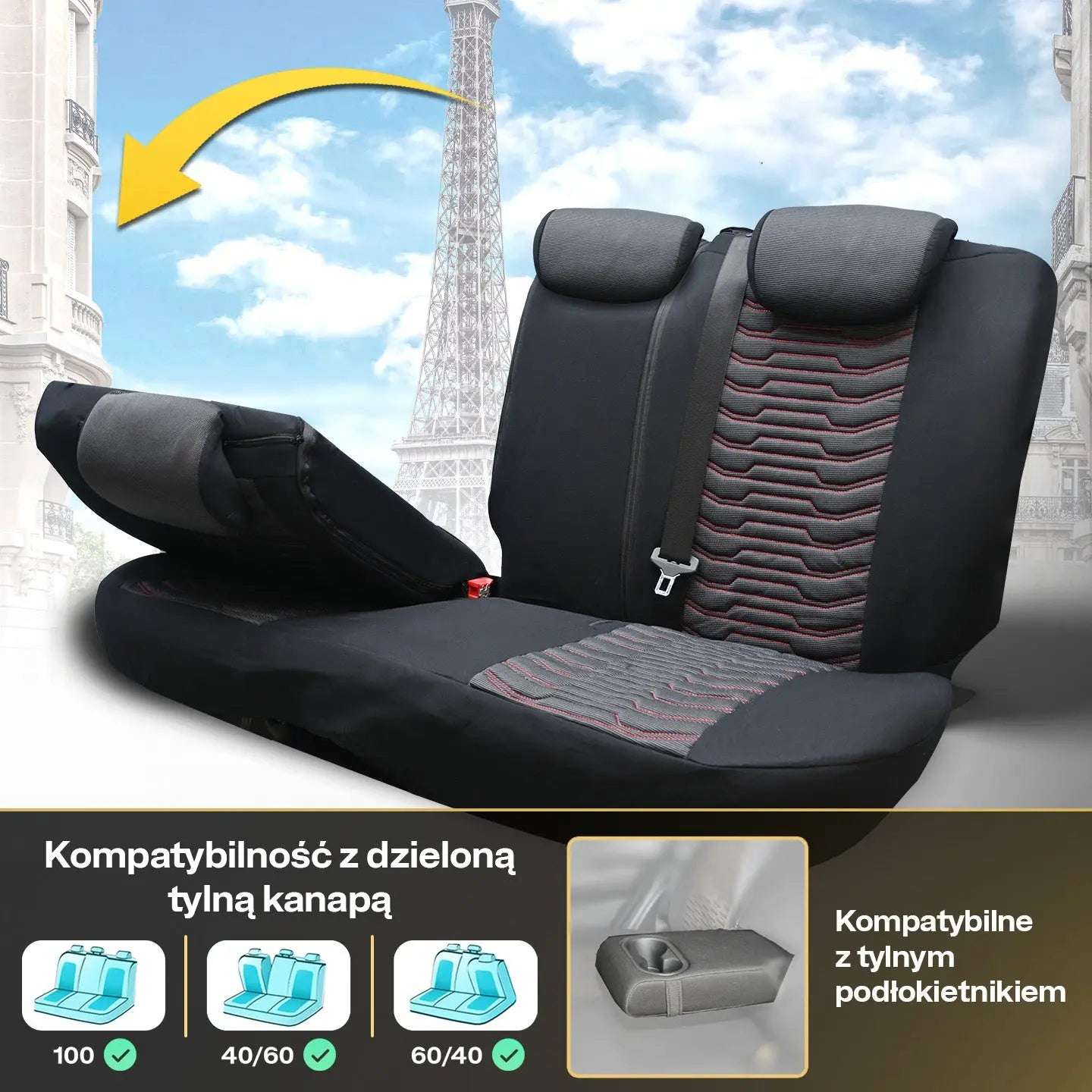 Pokrowce na fotele samochodowe PARIS - Czarno czerwone (KOMPLET) 