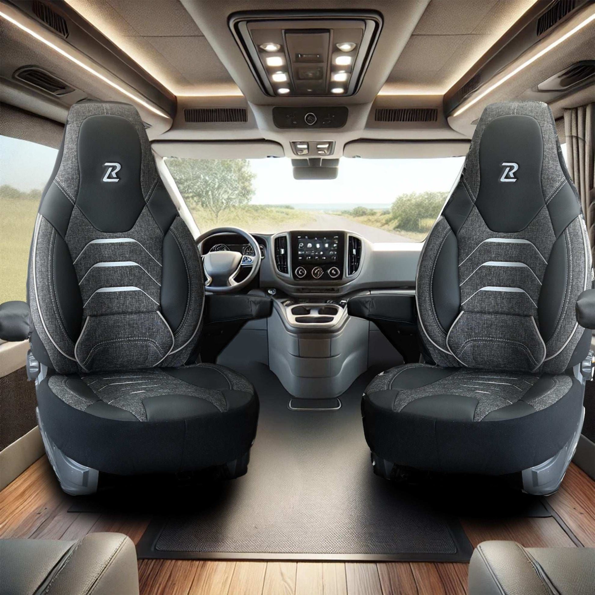 Pokrowce na fotele do Kampera Fiat Ducato, Peugeot Boxer, Citroen Jumper, Opel Movano C - CAPRI - Szaro czarne 