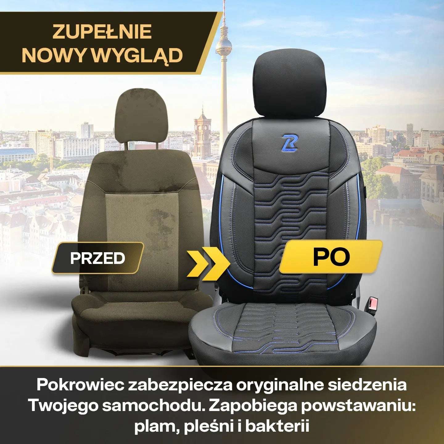 Pokrowce na fotele samochodowe BERLIN – Czarno niebieskie (KOMPLET) 