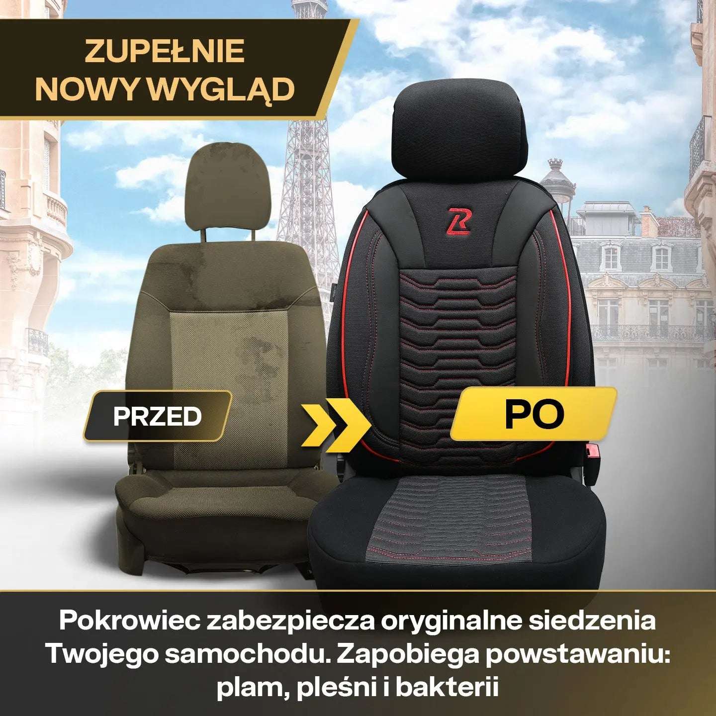 Pokrowce na fotele samochodowe PARIS - Czarno czerwone (KOMPLET) 