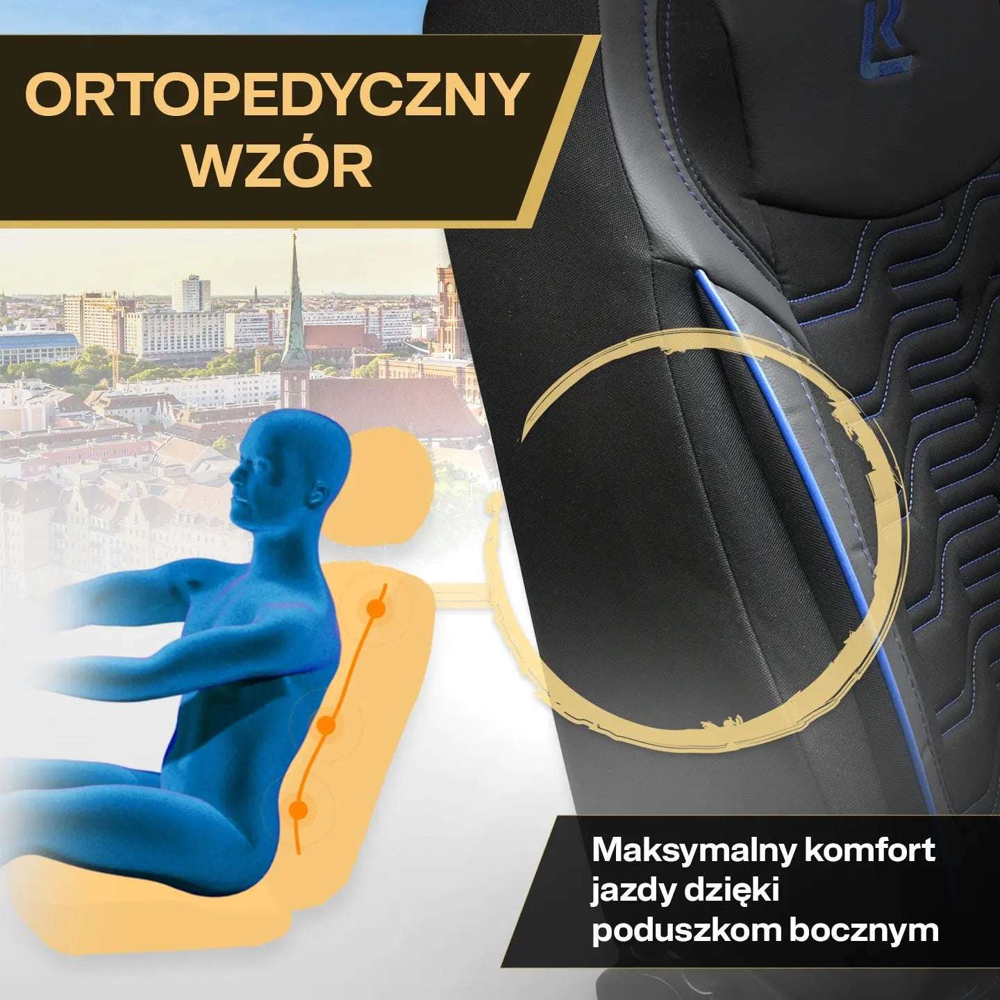 Pokrowce na fotele samochodowe BERLIN – Czarno niebieskie (KOMPLET) 