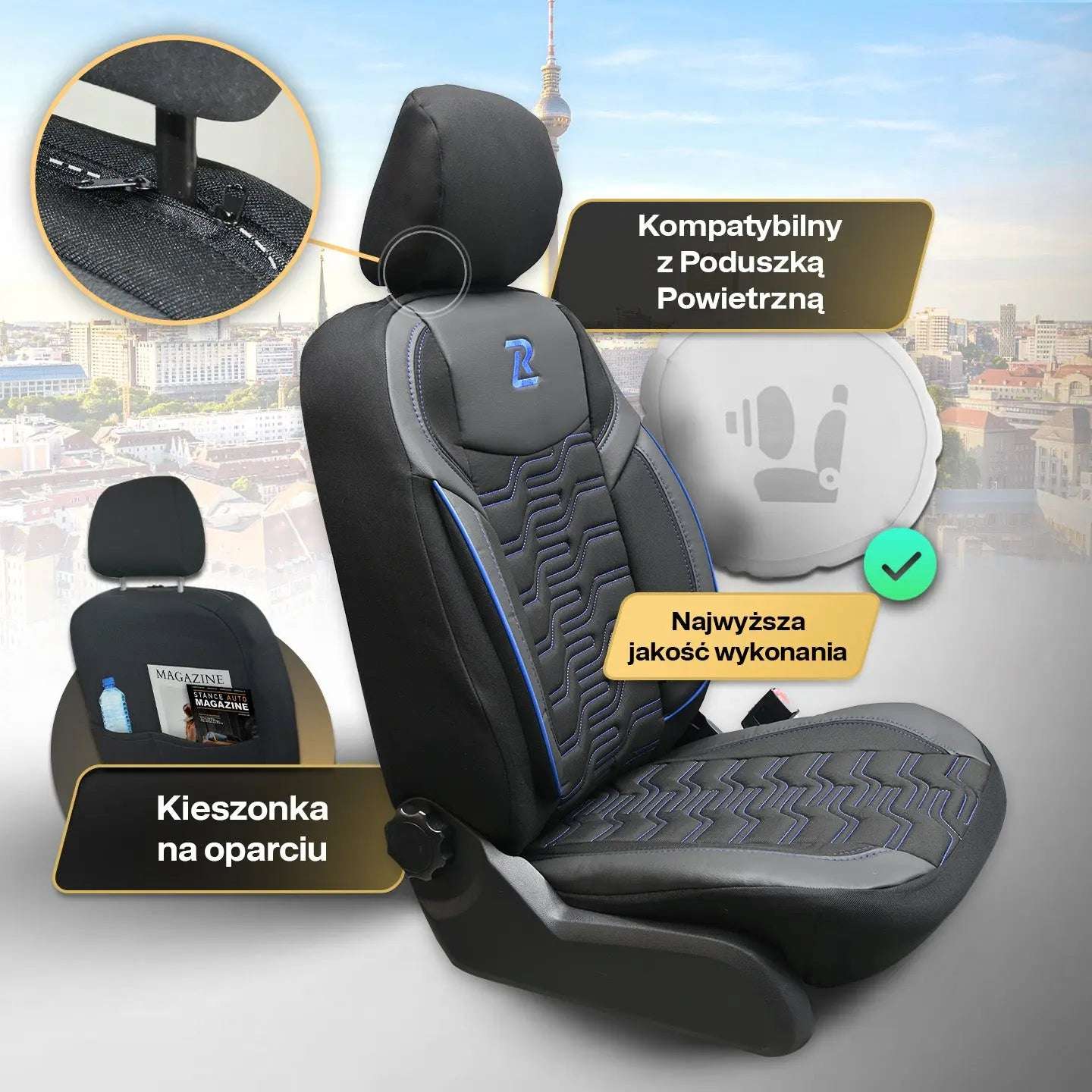 Pokrowce na fotele samochodowe BERLIN – Czarno niebieskie (KOMPLET) 