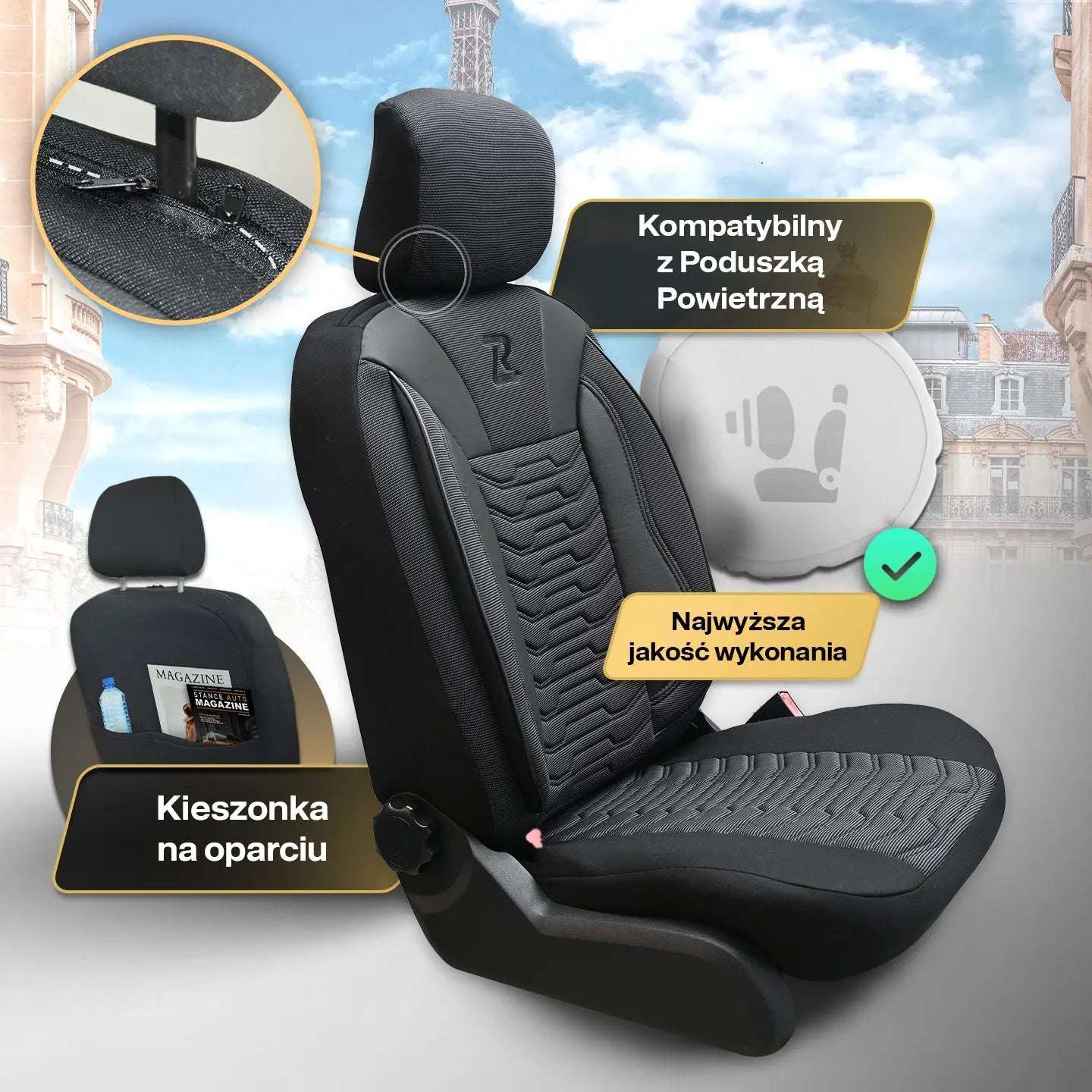 Pokrowce na fotele samochodowe PARIS - Szaro czarne (KOMPLET) 