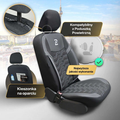 Pokrowce na fotele samochodowe BERLIN - Czarno szare (PRZÓD) 
