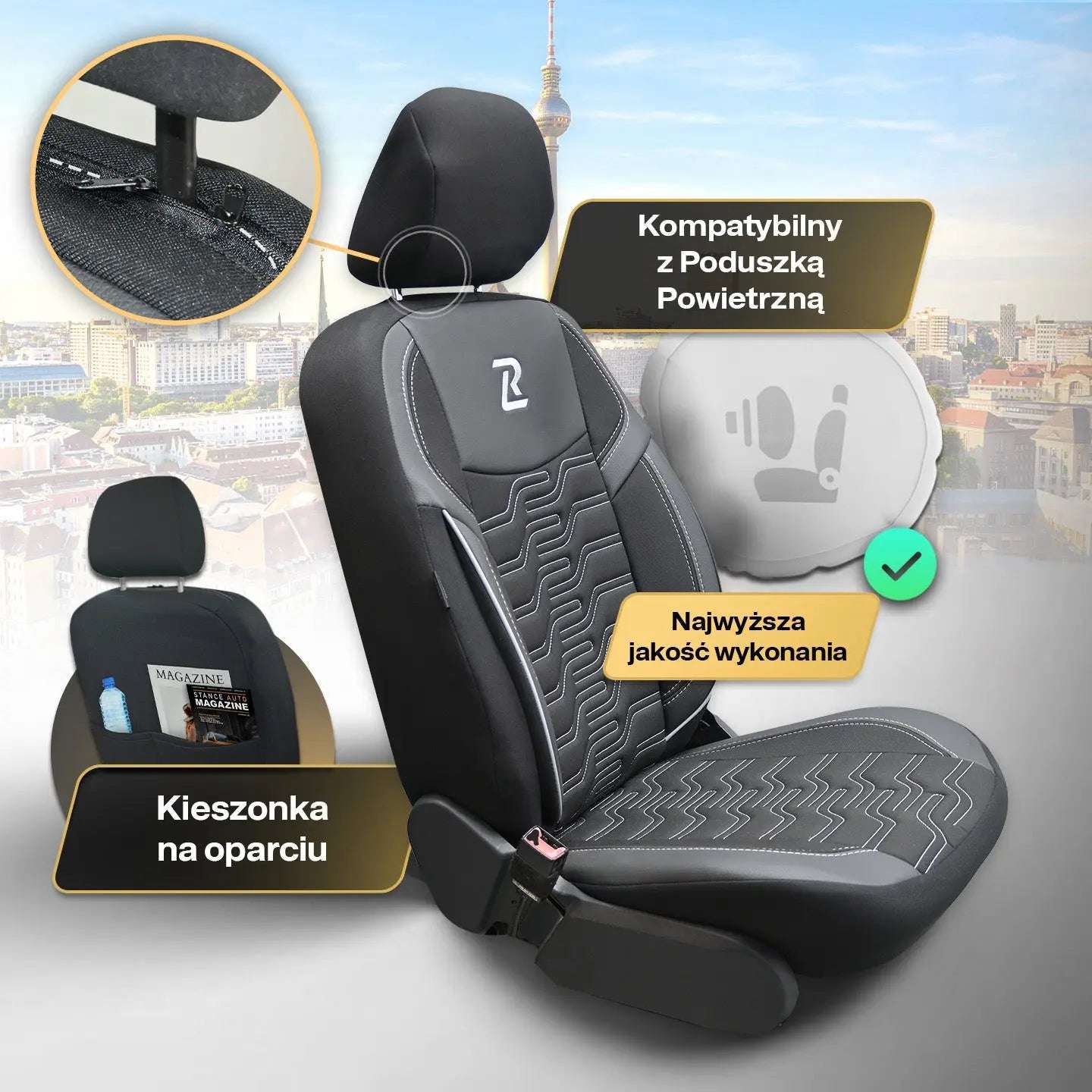 Pokrowce na fotele samochodowe BERLIN - Czarno szare (KOMPLET) 