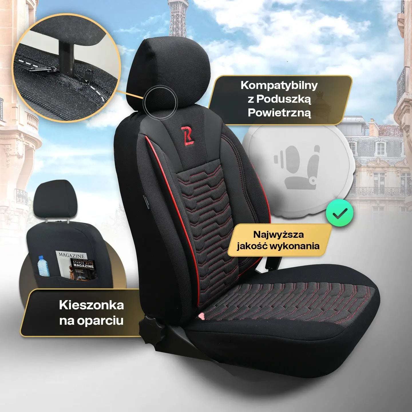 Pokrowce na fotele samochodowe PARIS - Czarno czerwone (KOMPLET) 