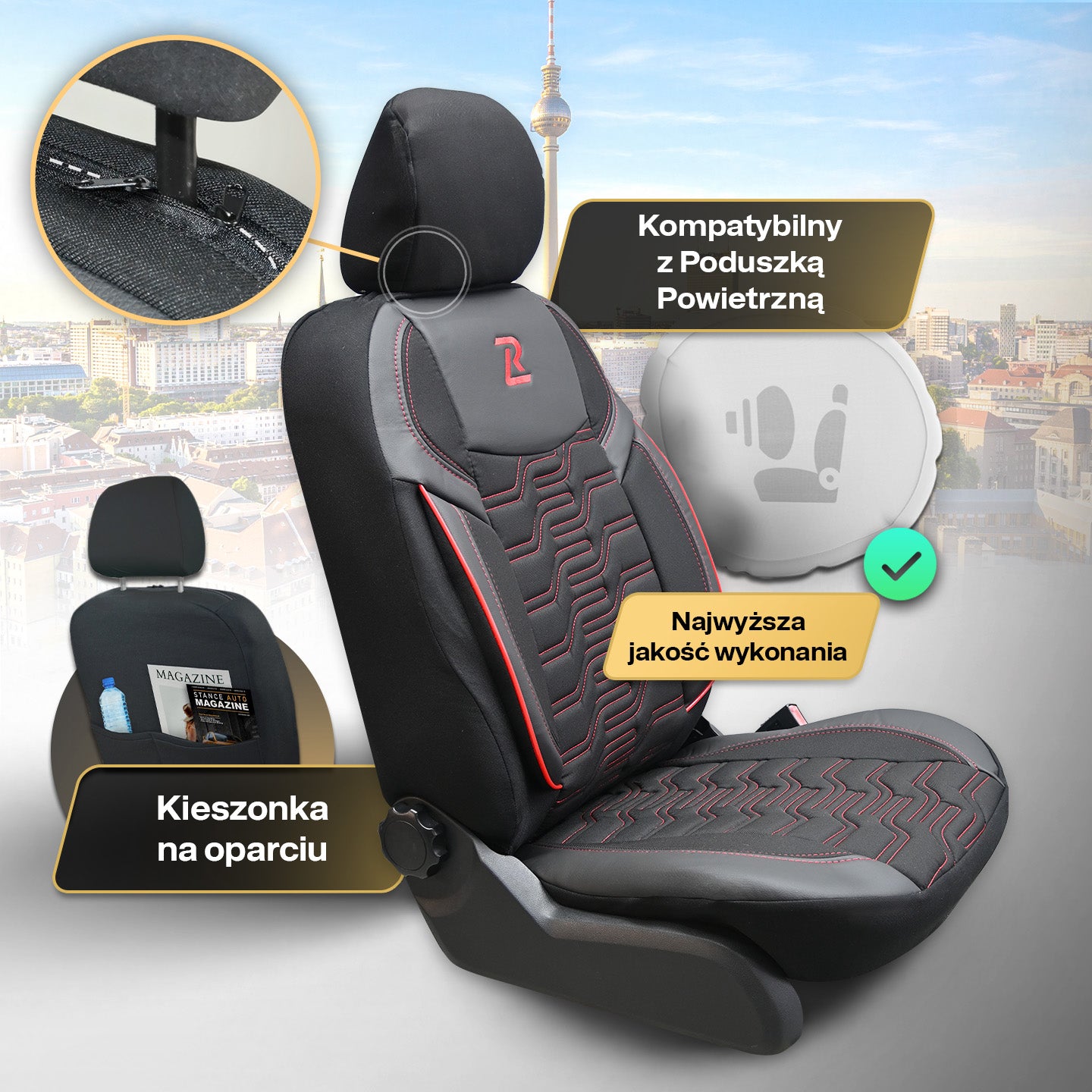 BERLIN car seat covers - Black and red (FRONT)