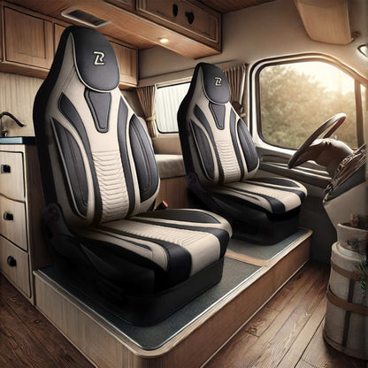 Pokrowce na fotele do Kampera Fiat Ducato, Peugeot Boxer, Citroen Jumper, Opel Movano C - PORTOFINO - Beżowo czarne 