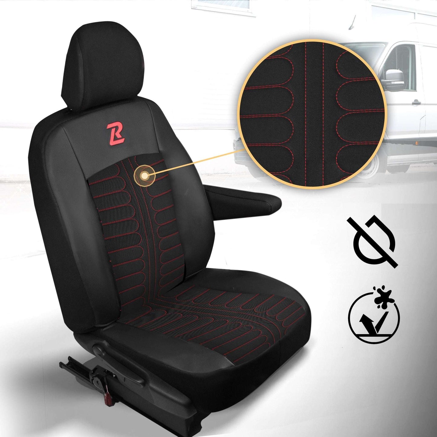 Pokrowce na fotele TORNADO Renault Trafic 3, Opel Vivaro B, Fiat Talento, Nissan NV300 1+2 (Kanapa z 2 zagłówkami siedzisko dzielone) - Czarno czerwone 