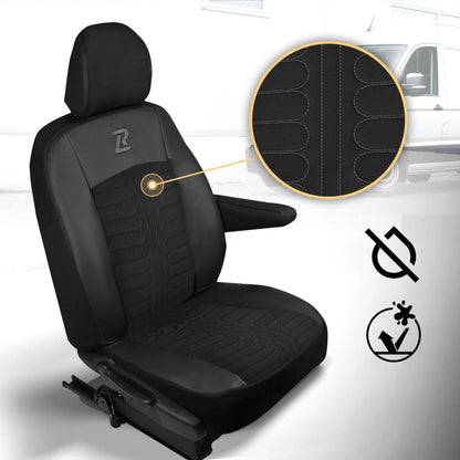 Pokrowce na fotele TORNADO Renault Trafic 3, Opel Vivaro B, Fiat Talento, Nissan NV300 1+2 (Kanapa z 2 zagłówkami siedzisko dzielone) - Czarno - Czarne 