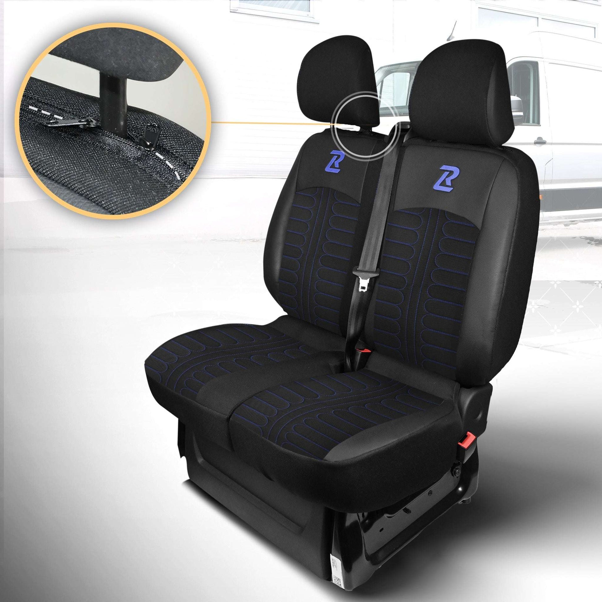 Pokrowce na fotele TORNADO Renault Trafic 3, Opel Vivaro B, Fiat Talento, Nissan NV300 1+2 (Kanapa z 2 zagłówkami siedzisko dzielone) - Czarno niebieskie 