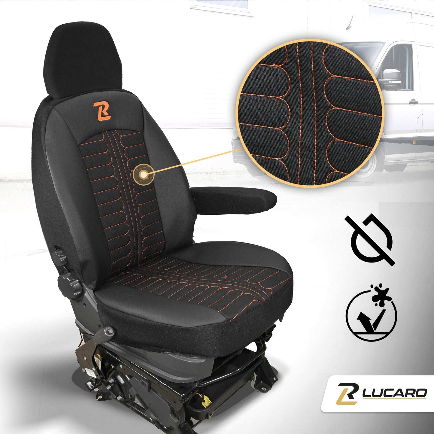 Pokrowce na fotele TORNADO Fiat Ducato, Peugeot Boxer, Citroen Jumper, Opel Movano C, RAM Promaster CZARNO - POMARAŃCZOWY 