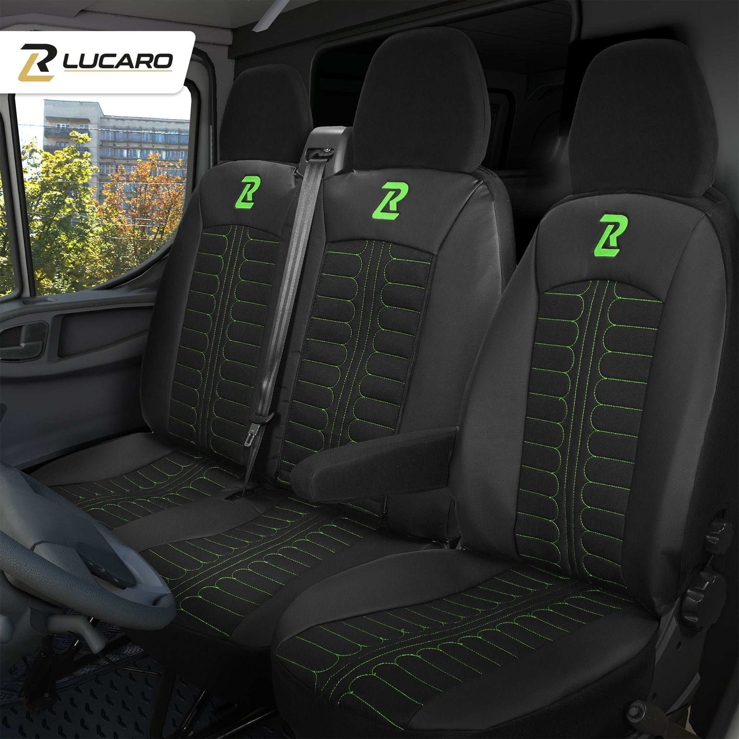 Pokrowce na fotele TORNADO Fiat Ducato, Peugeot Boxer, Citroen Jumper, Opel Movano C, RAM Promaster CZARNO - ZIELONY 