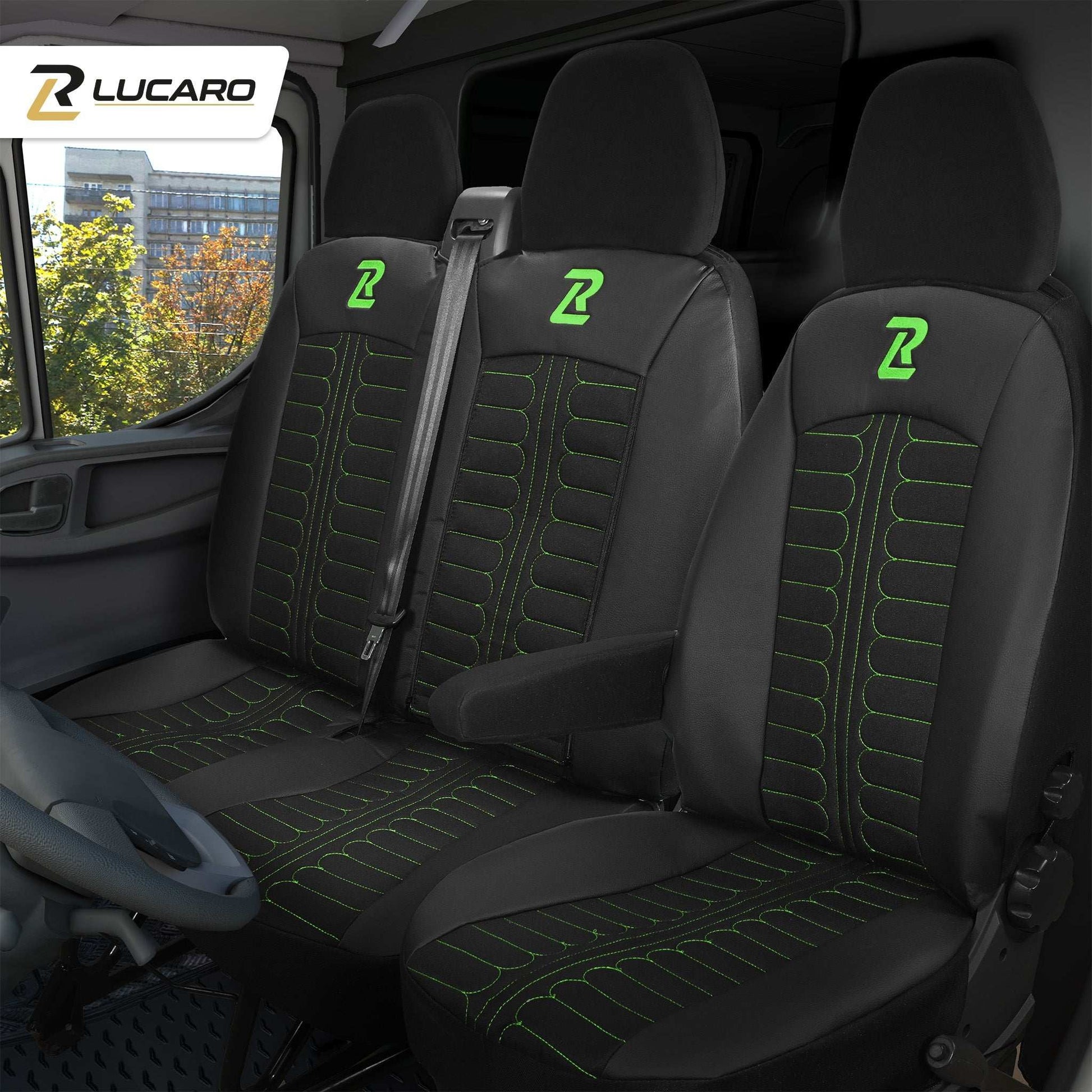 Pokrowce na fotele TORNADO Fiat Ducato, Peugeot Boxer, Citroen Jumper, Opel Movano C, RAM Promaster CZARNO - ZIELONY 