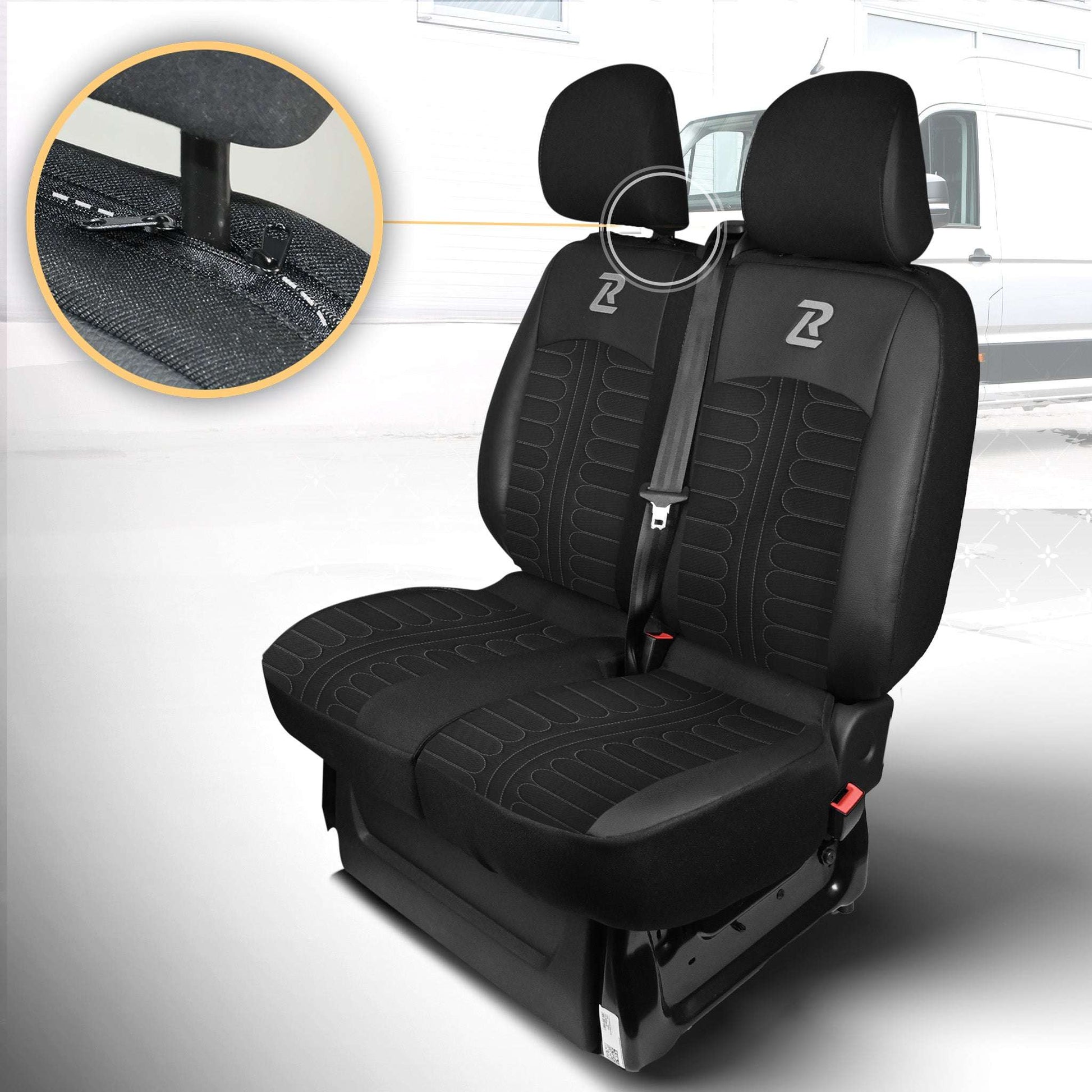 Pokrowce na fotele TORNADO Renault Trafic 3, Opel Vivaro B, Fiat Talento, Nissan NV300 1+2 (Kanapa z 2 zagłówkami siedzisko dzielone) - Czarno szare 