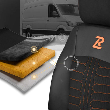 Pokrowce na fotele TORNADO Renault Trafic 3, Opel Vivaro B, Fiat Talento, Nissan NV300 1+2 (Kanapa z 2 zagłówkami siedzisko dzielone) - Czarno pomarańczowe 