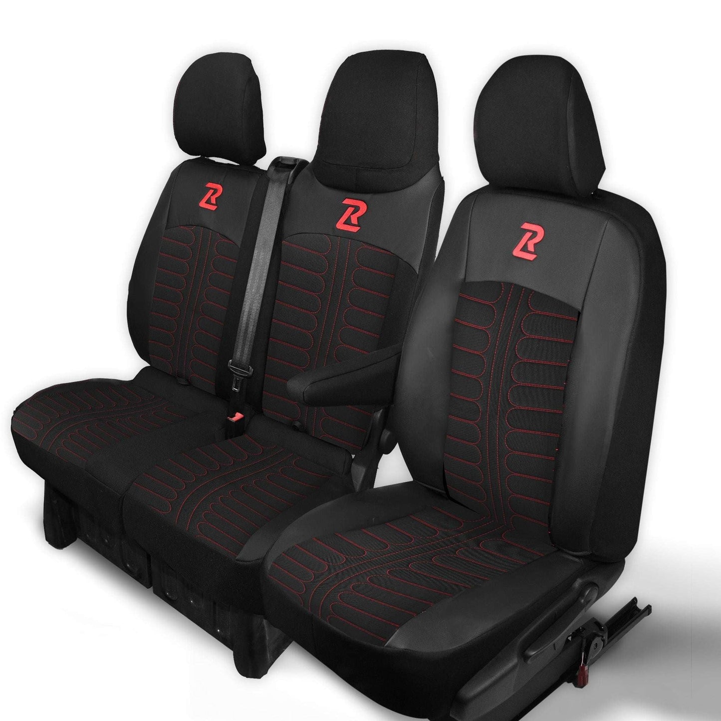 Pokrowce na fotele TORNADO Renault Trafic 3, Opel Vivaro B, Fiat Talento, Nissan NV300 1+2 (Kanapa z fotelem lotniczym, siedzisko dzielone) - Czarno czerwone 