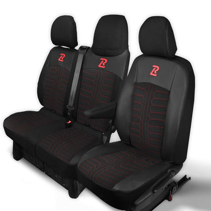 Pokrowce na fotele TORNADO Renault Trafic 3, Opel Vivaro B, Fiat Talento, Nissan NV300 1+2 (Kanapa z fotelem lotniczym, siedzisko dzielone) - Czarno czerwone 